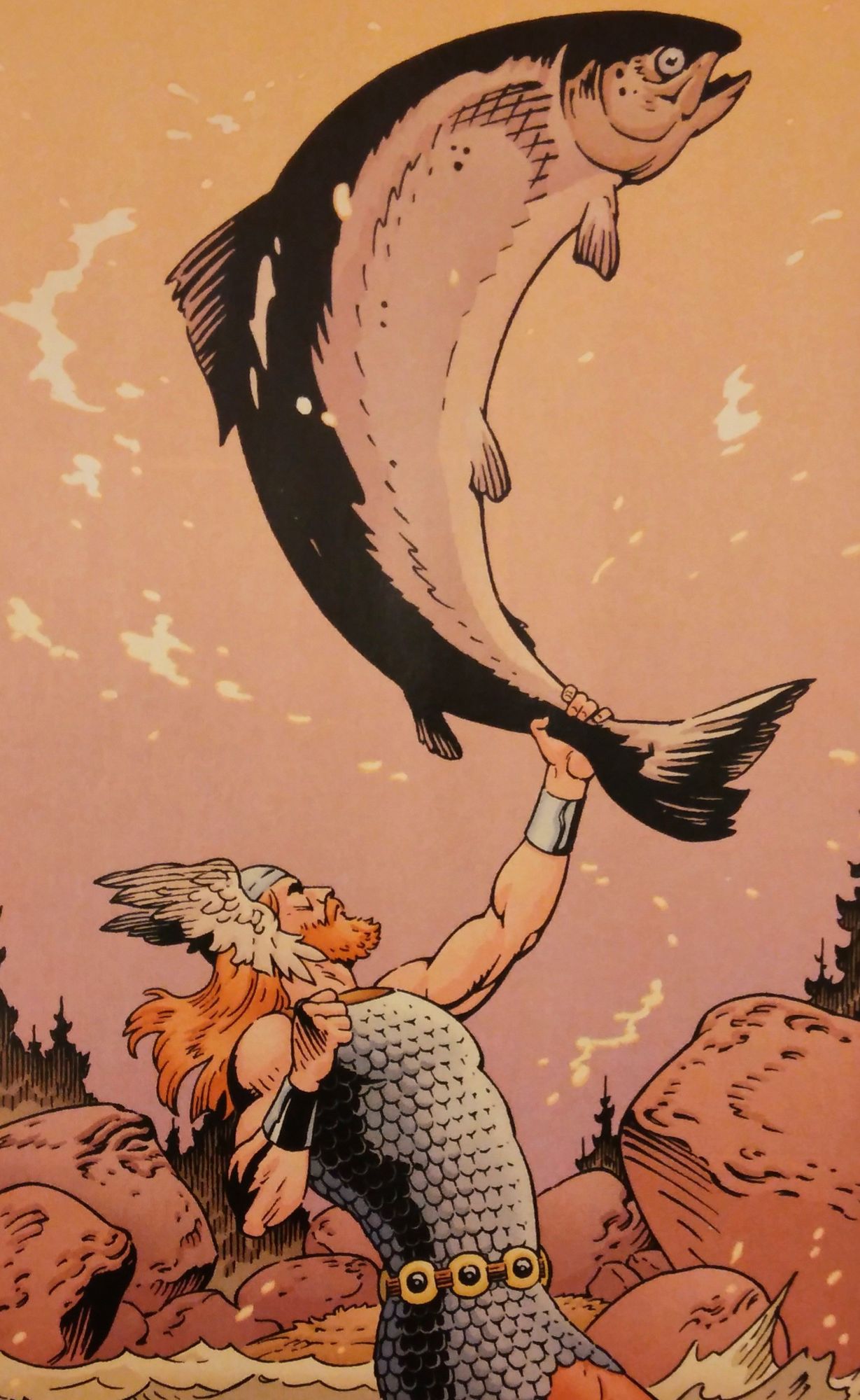 A comic book panel showing Thor grabbing a giant salmon by the tail as it leaps out of the water. 
Art by Galen Showman,
Layout by P. Craig Russell,
Colors by Lovern Kindzierski.