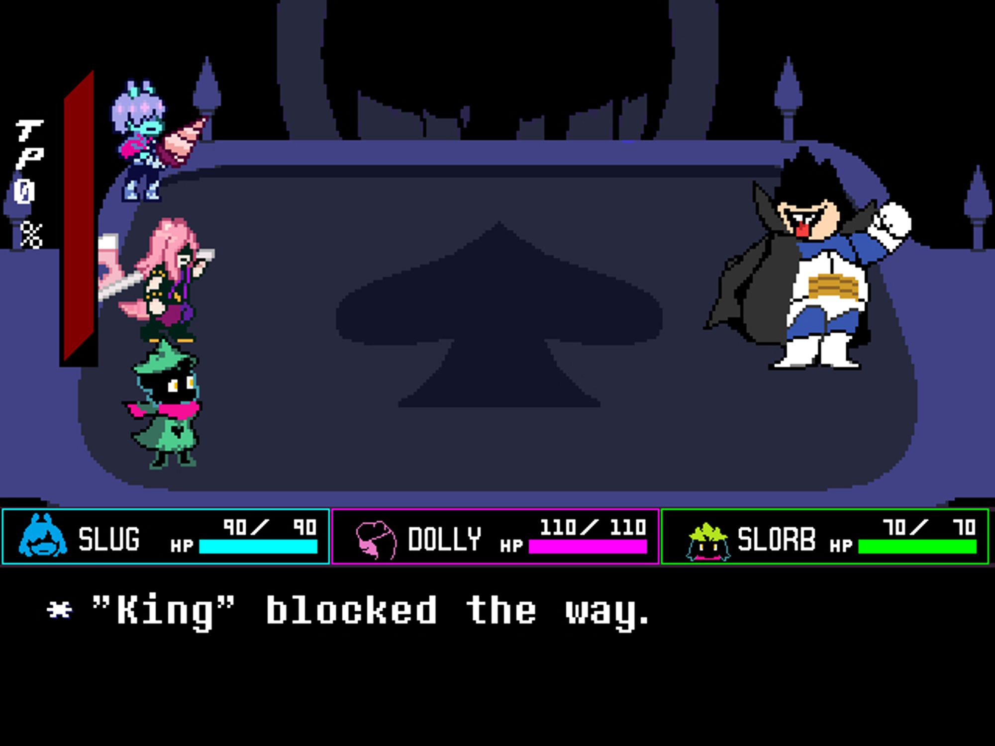 Pixel art depicting the King fight from Deltarune Chapter 1, except Kris is Slug, Susie is Dolly, Ralsei is Slorb, and King is Vegeta.