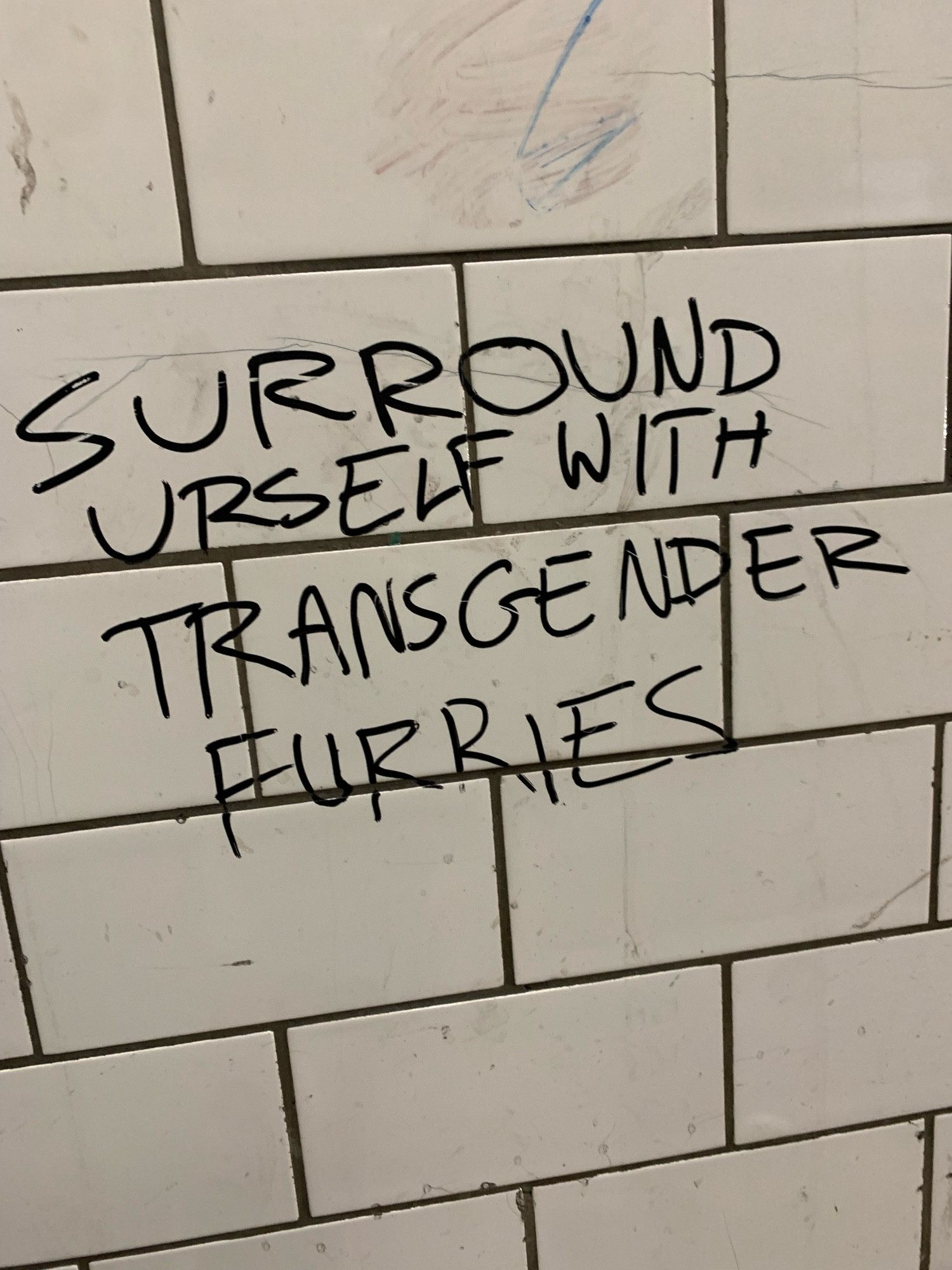 Subway tile graffitied in black pen with the words, “Surround urself with transgender furries.”