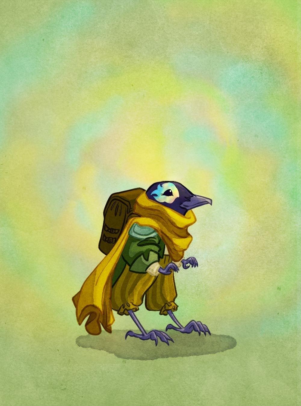 An illustration of a tiny bird person - Soft Rain - against a green rainbow-slicked background. Soft Rain is dressed in yellow and greens, with a huge scarf and a large backpack. Their posture and slight expression suggests excitement and mischievousness. Around their visible eye there is a patch of rainbow-oil-slick feathers.