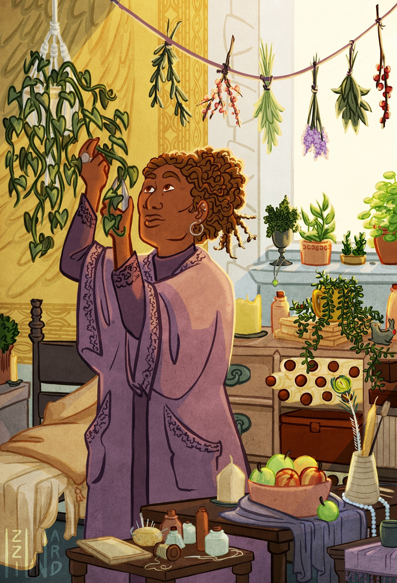 An illustration of a black woman dressed in purple taking a cutting from a hanging plant. The room is very crowded, with plants, hanging herbs, art supplies, scrolls, and random odds and ends. The style implies this is a fantasy/medieval adjacent setting. Sunlight streams in from an open window behind the woman.