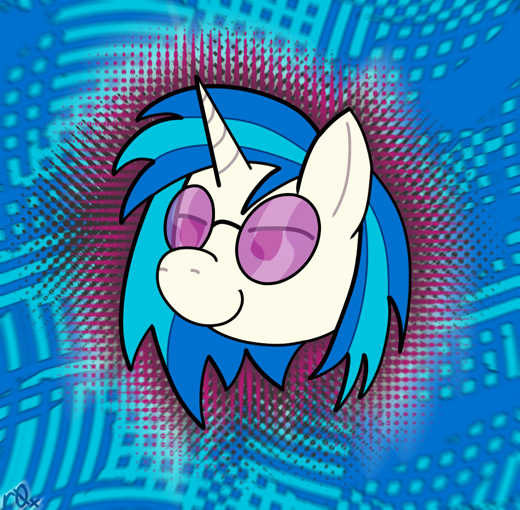 headshot of the pony vinyl scratch from my little pony friendship is magic. she is surrounded by magenta and grey dot and line effects jutting out like a silhouette. the background is an abstract series of squares and rectangles in cyan and blue.