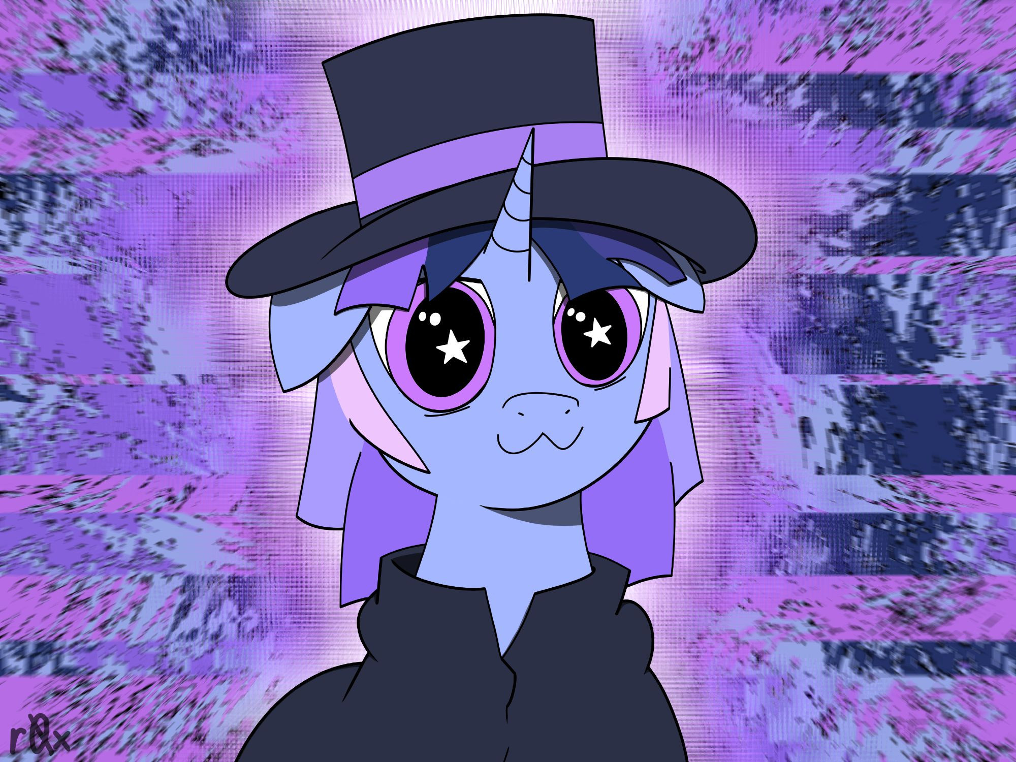 a light blue unicorn in a cloak and top-hat. she has large purple eyes with heavily dilated pupils, a cat-like face, and a square-ish mane in three shades of purple, two shades of blue, and one shade of pink. she is on top of a glitchy abstract background with her colours. she has a silhouette giving the appearance of a large magical aura.