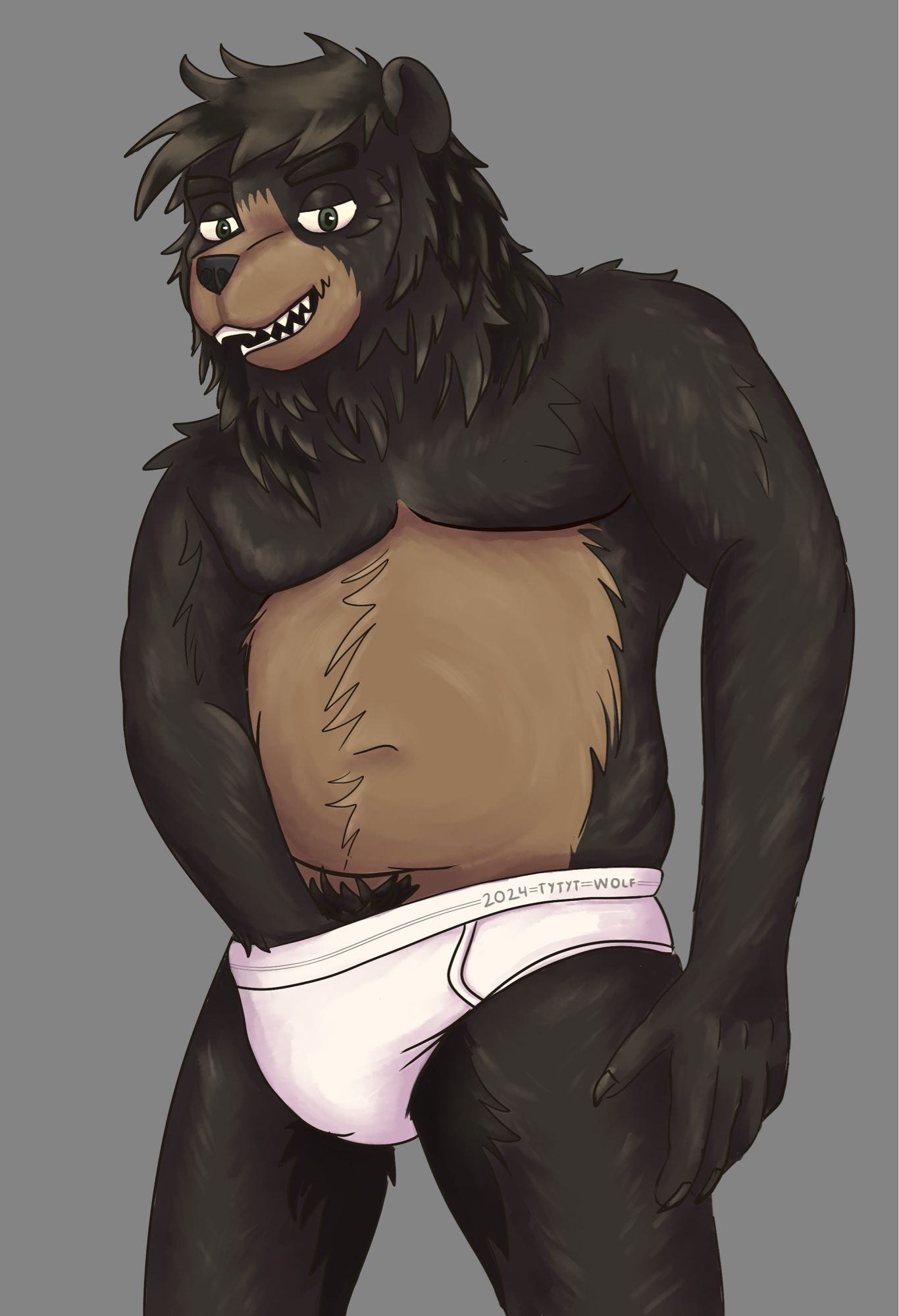 Anthro dark brown bear with one hand down the front of his tighty whities. He is flashing a toothy grin.