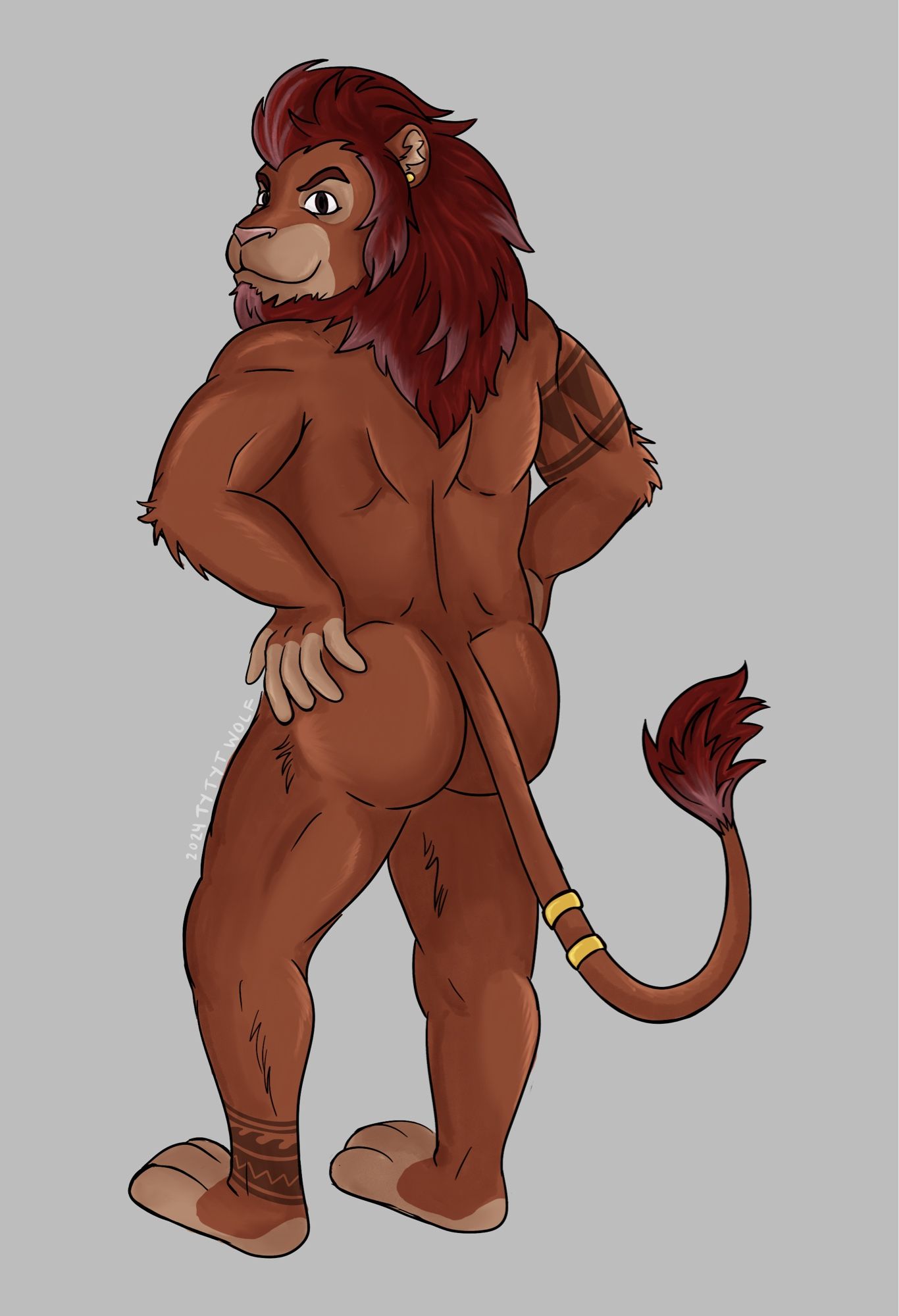 Anthro lion with a red mane with pinkish accents standing with their back to the viewer, hands on hips, looking back with a confident expression.