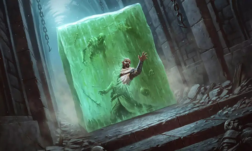 A gelatinous cube absorbing a man. Further back in the cube are skeletons and loose bones of other victims.