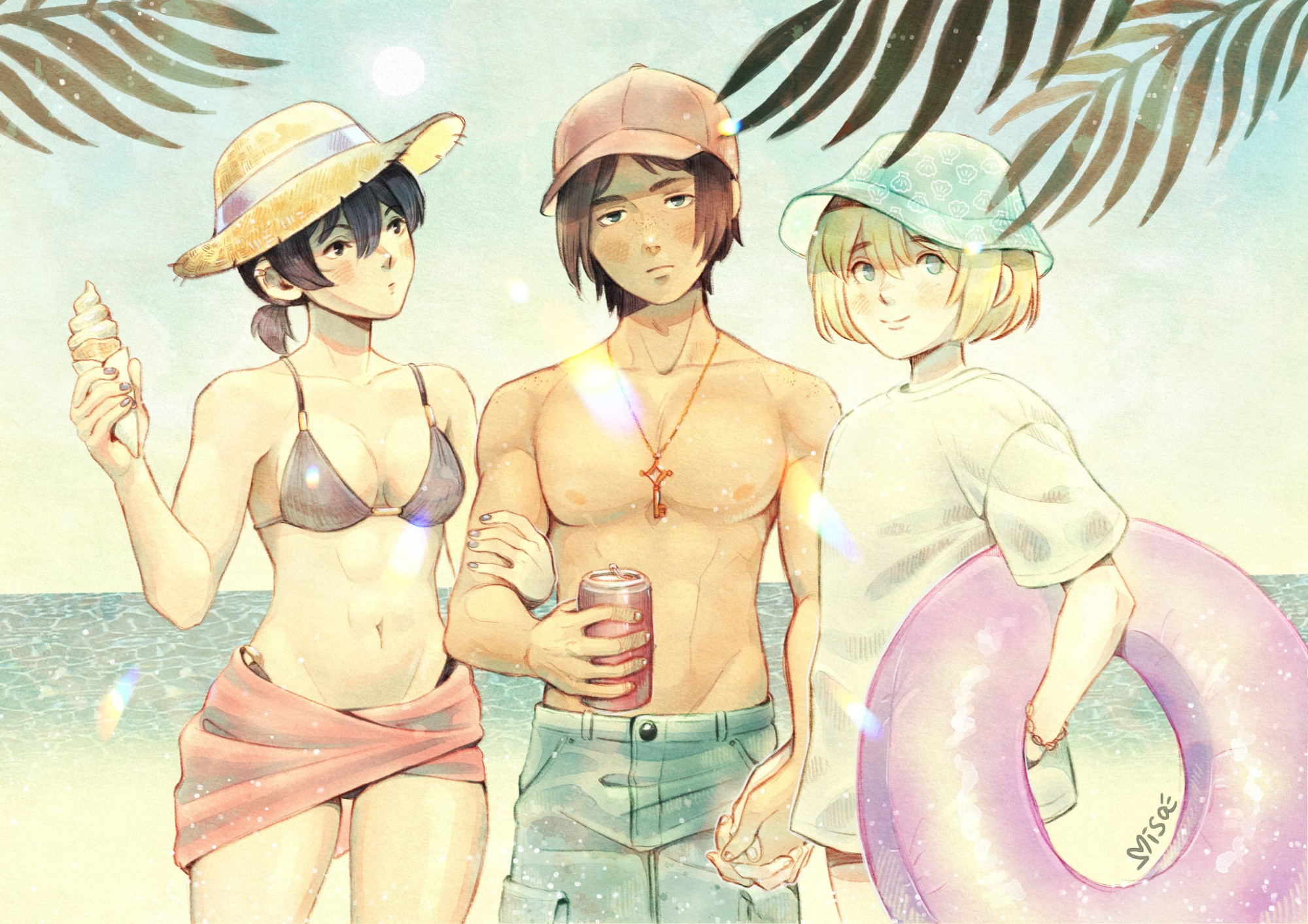 Fanart of Mikasa, Eren and Armin from Attack on Titan at the beach made by Banana Misa