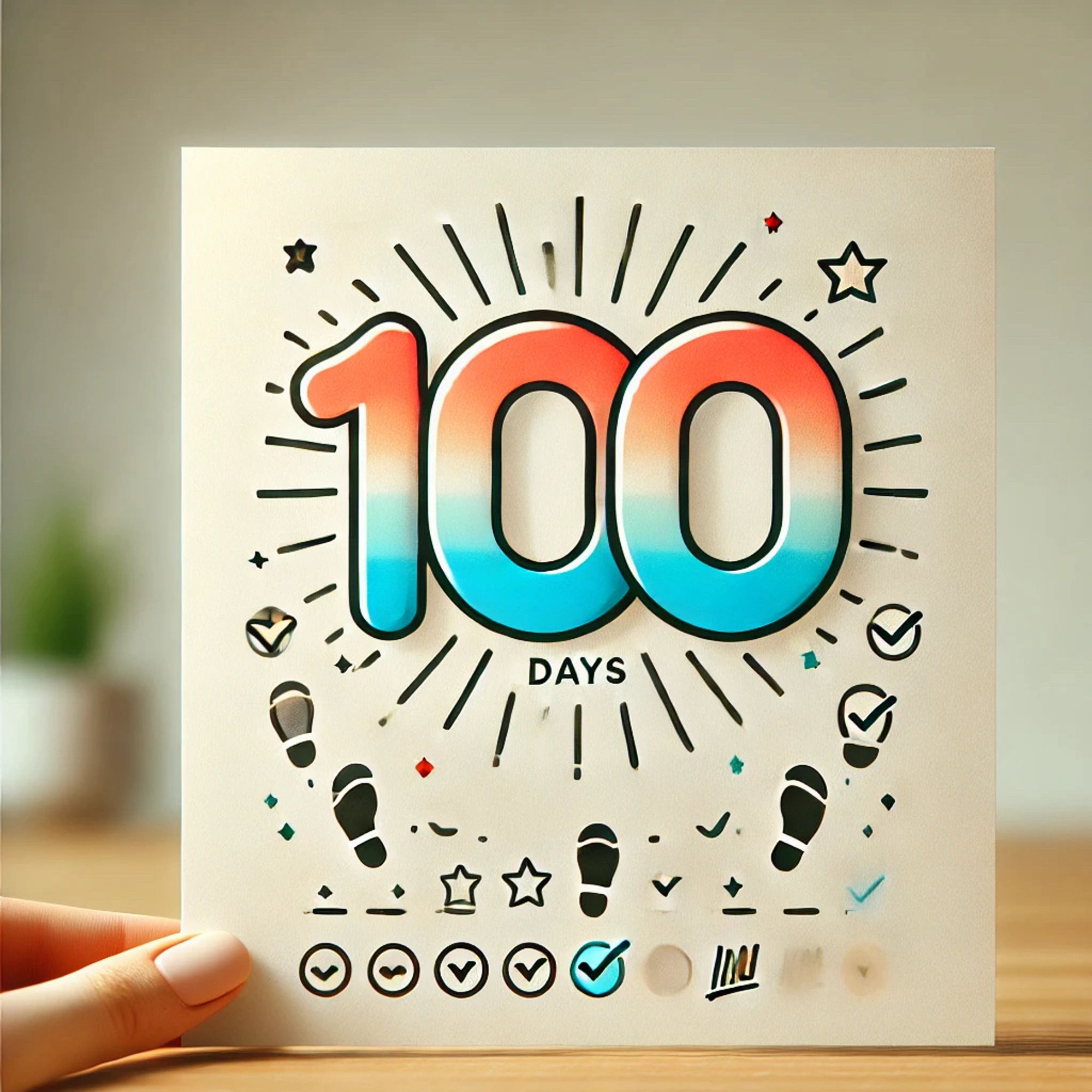 A motivational image featuring the large number ‘100’ in bold blue and red gradient, with the words ‘days’ underneath. Surrounding the number are playful icons like checkmarks, stars, and footprints, symbolizing progress and milestones. The design is clean and minimalistic, with a light beige background and bright, optimistic colors.