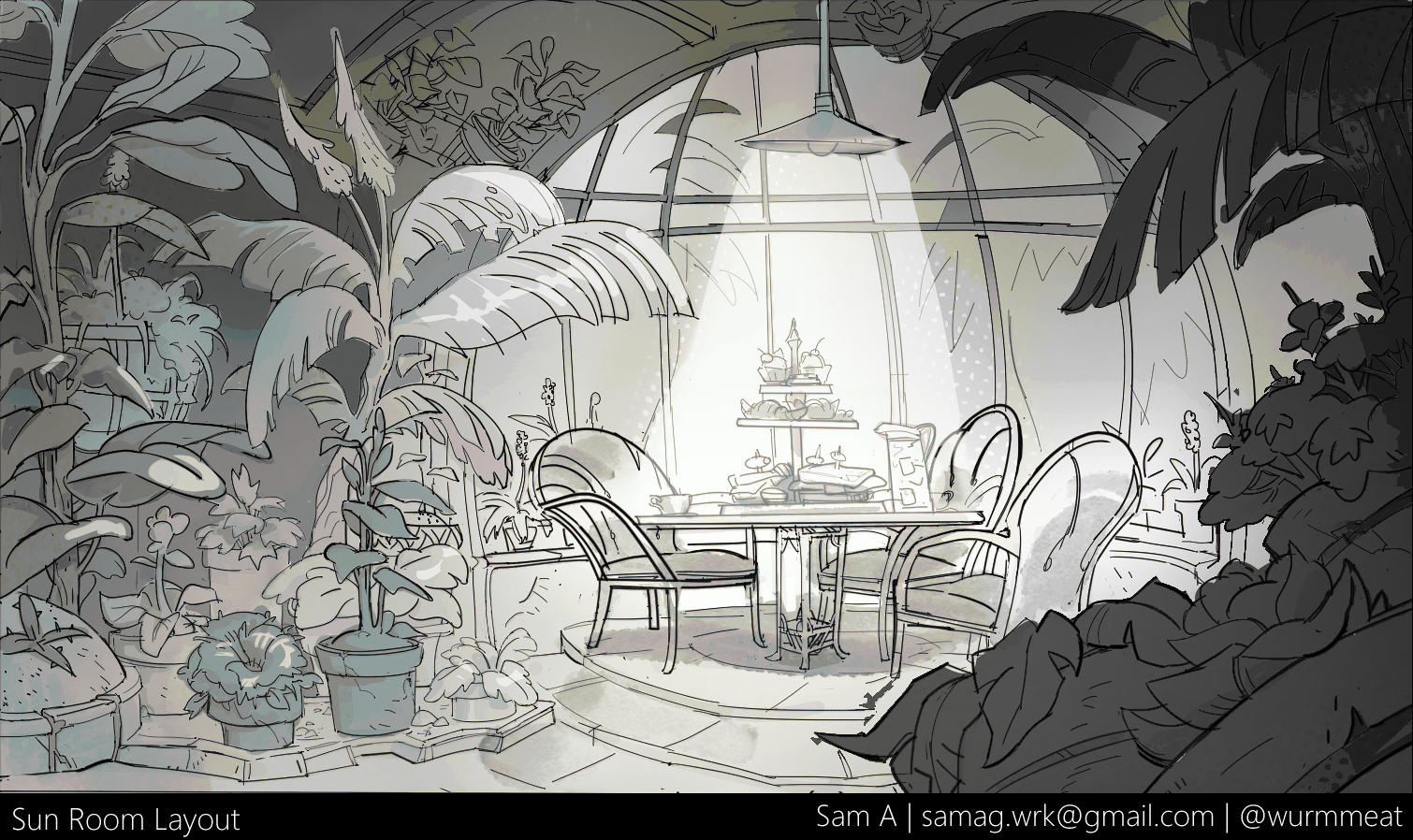 Background Layout of a Sun room. Lamp above the small round table as plants grow in various pots.