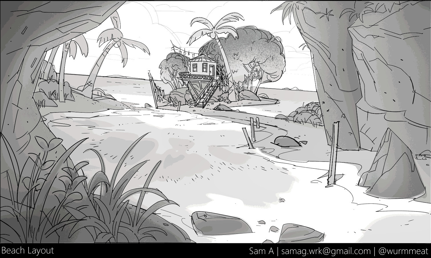 Small Layout of a small hut-like house surrounded by water and sand. Rocks encase the POV.