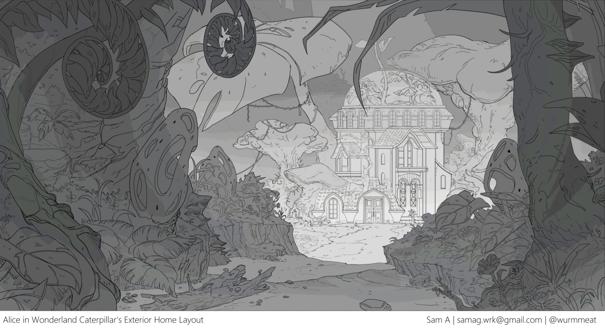 Background layout of an interpretation of the Caterpillar's home from Alice in Wonderland. Two huge Ferns on the left and huge mushrooms overhang the home.