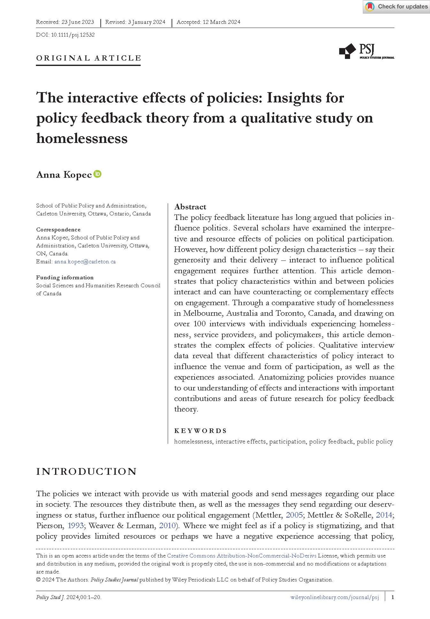 This is a screenshot of the article mentioned in the tweet. The title is "The interactive effects of policies: Insights for policy feedback theory from a qualitative study on homelessness."