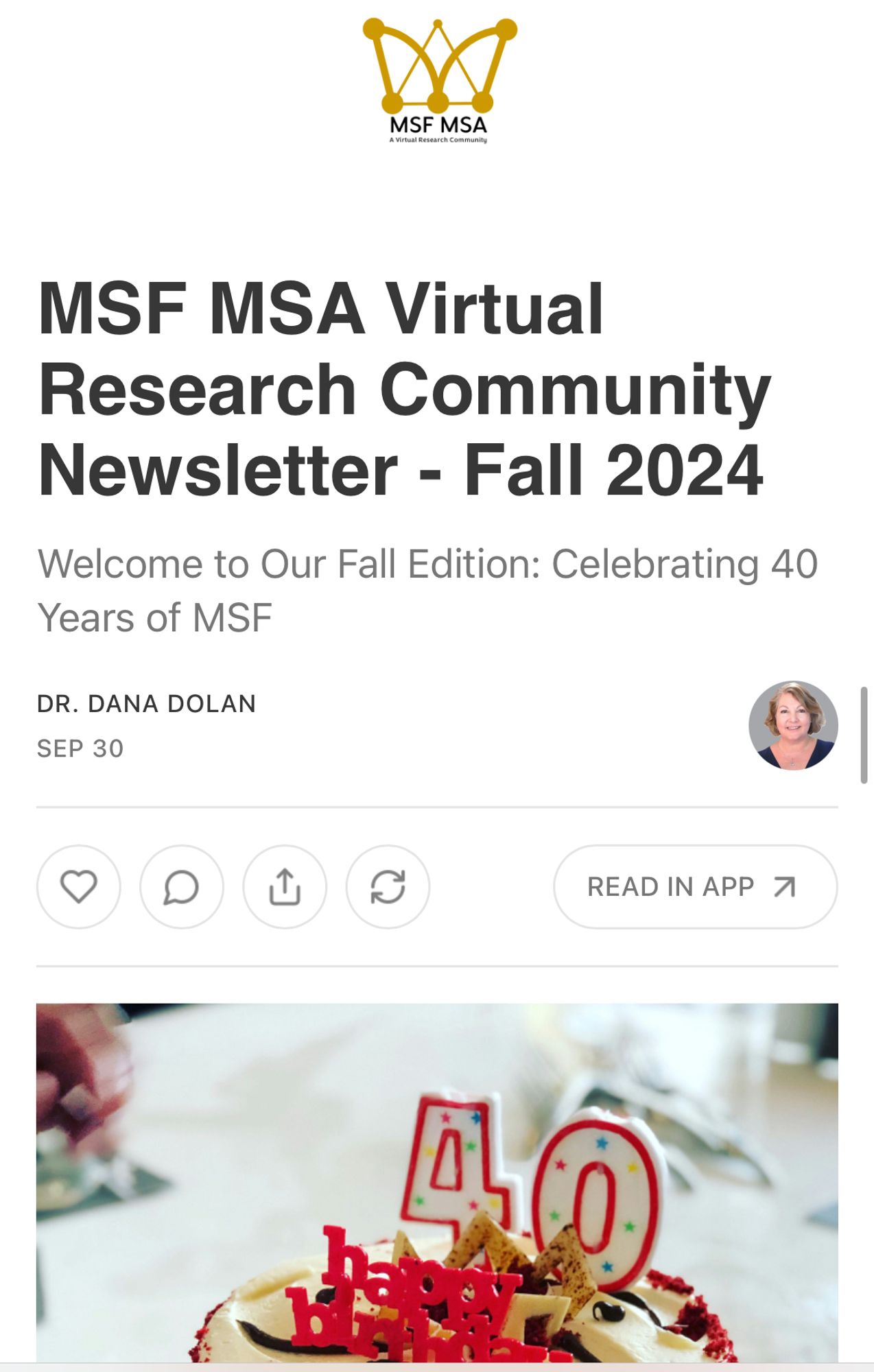 This is a screenshot of the Fall 2024 edition of the newsletter. The title is "MSF MSA Virtual Research Community Newsletter - Fall 2024."