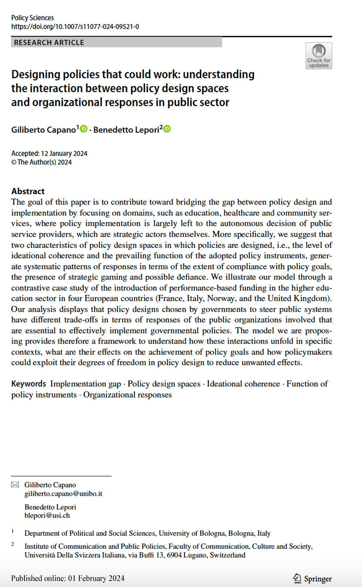 Screenshot of Policy Sciences research article "Designing policies that could work: understanding the interaction between policy design spaces and organizational responses in public sector."