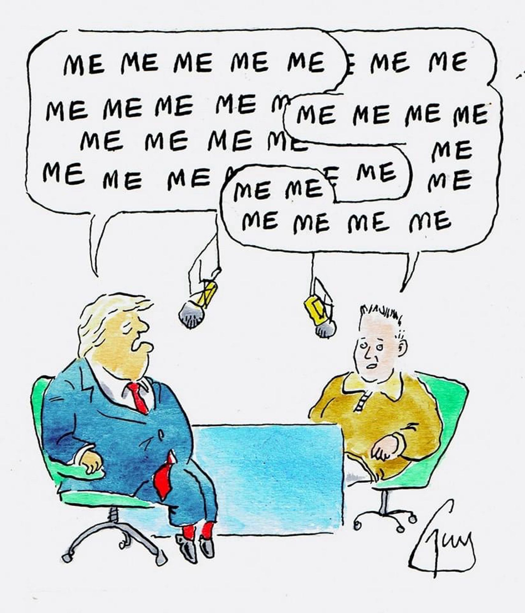 Ein Cartoon-Bild mit Trump und Mask an einem Schreibtisch und beider Sprechblasen sind nur mit „Me, me, me, me, me, me, me …“ gefüllt.