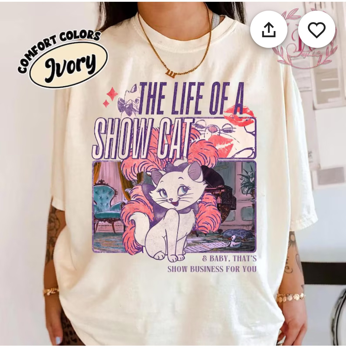 screenshot of a shirt that has marie from aristocats and says “the life of a show cat” inspired by taylor swifts new album