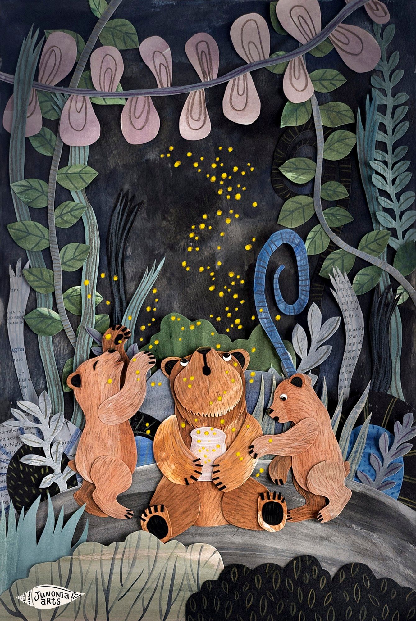 Woodland enchanted Forest night with three brown bears looking at the fireflies