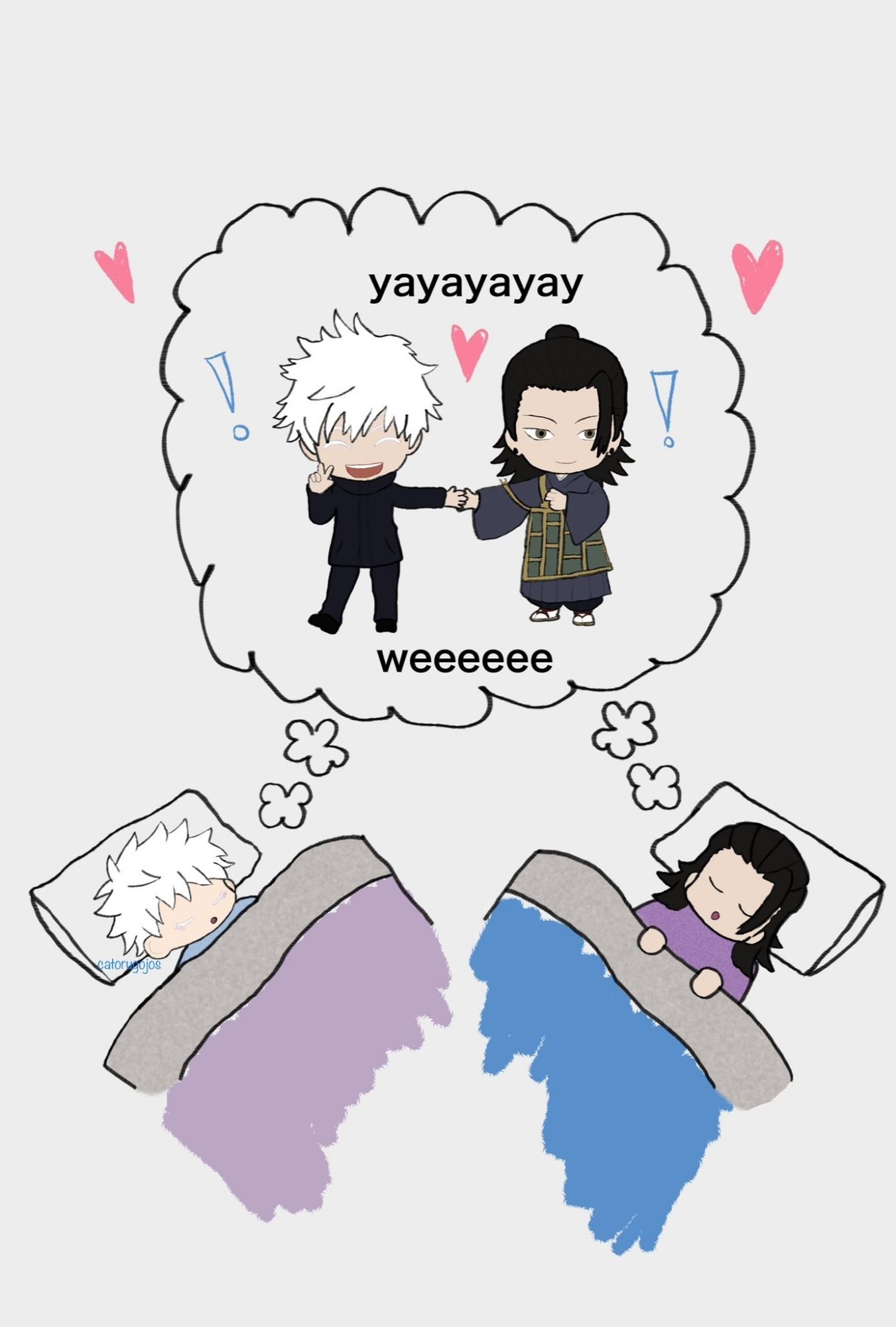 Doodle of chibi Satoru Gojo sleeping in a bed on the left with a purple blanket, and Suguru geto sleeping in a bed on the right with a blue blanket. Their dream bubbles intersect into one shared dream bubble above them, where Gojo Satoru and Suguru Geto are holding hands and hanging out together.