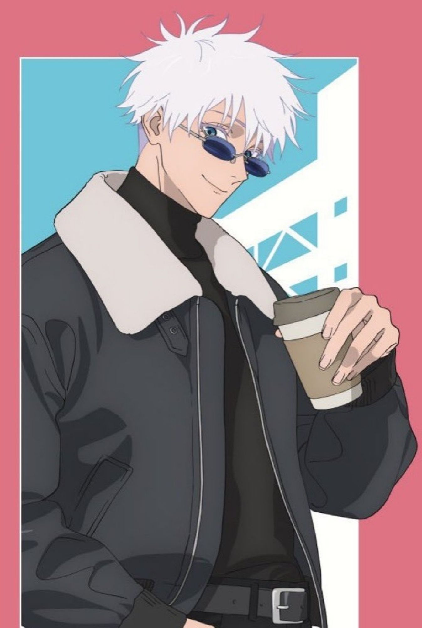 New illustration of Gojo Satoru for Jujutsu Kaisen cafe. He's wearing a black turtleneck under a gray jacket with white collar. He's holding up a cup of coffee in his left hand while his right hand is tucked in his pants pocket.