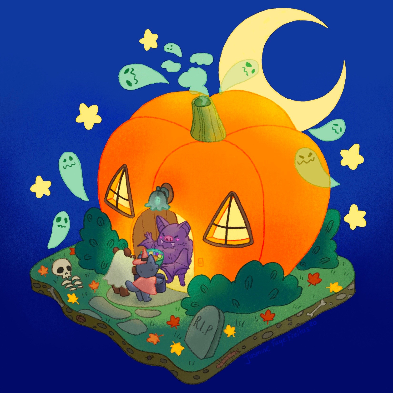 A little pumpkin house with a tiny bat passing out candy to little animal trick-or-treaters