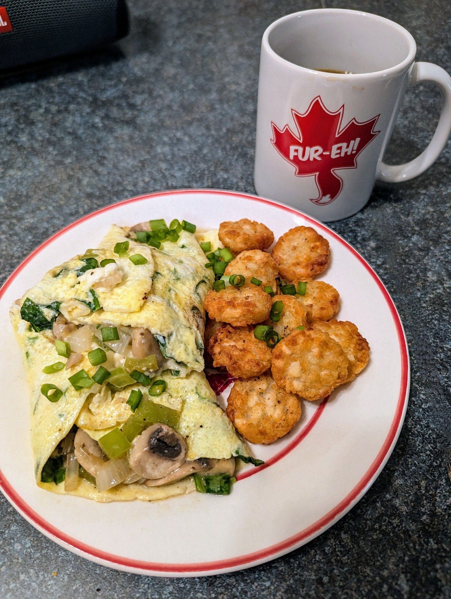 A plate containing an omelette with mushrooms, green peppers, onions and spinach. There are some mini tater tots next to the omelette. Next to the plate is a coffee mug with the Fur Eh logo on it.