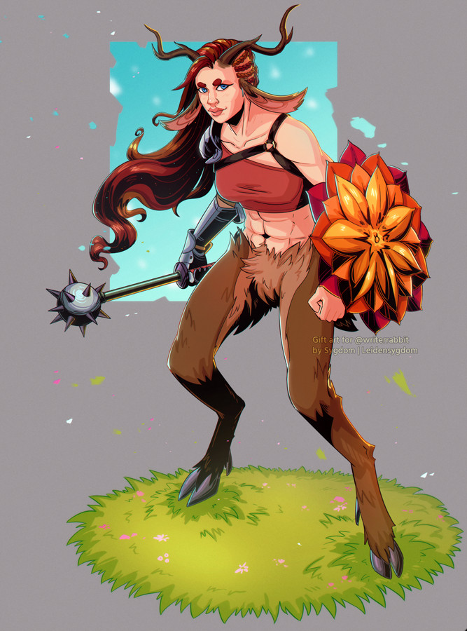 A digital illustration featuring a fullbody on a plain grey background, with a grass patch on the floor and a blue rectangle. The character depicted is a faun, with two deer-like horns, deer-like legs and long fluffy ears. She is ginger, with deep blue eyes and pale skin. She is wielding a leafy shield and a morningstar.