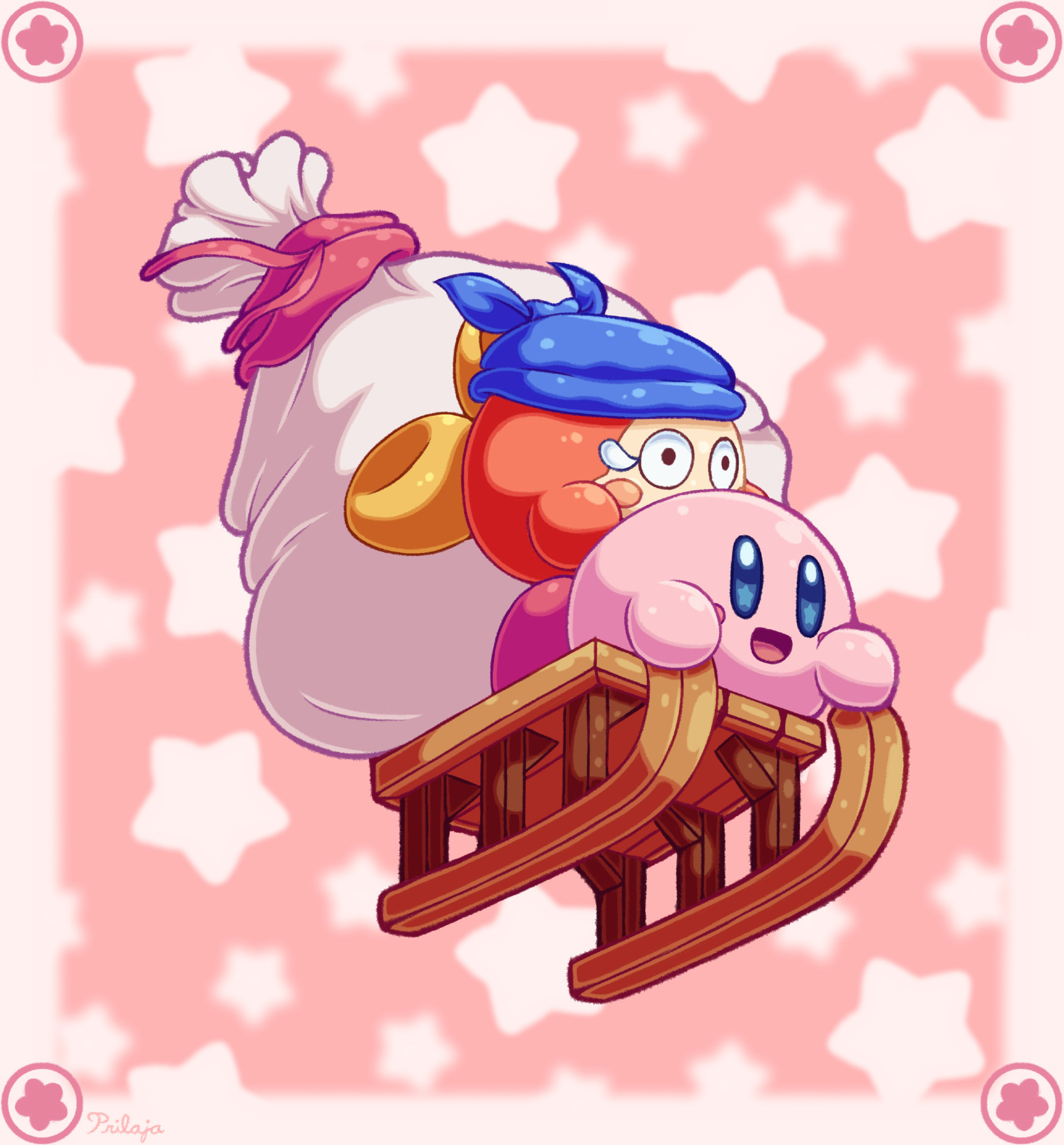 Kirby and Bandanna Dee are on a sled carrying a sack. 🥞