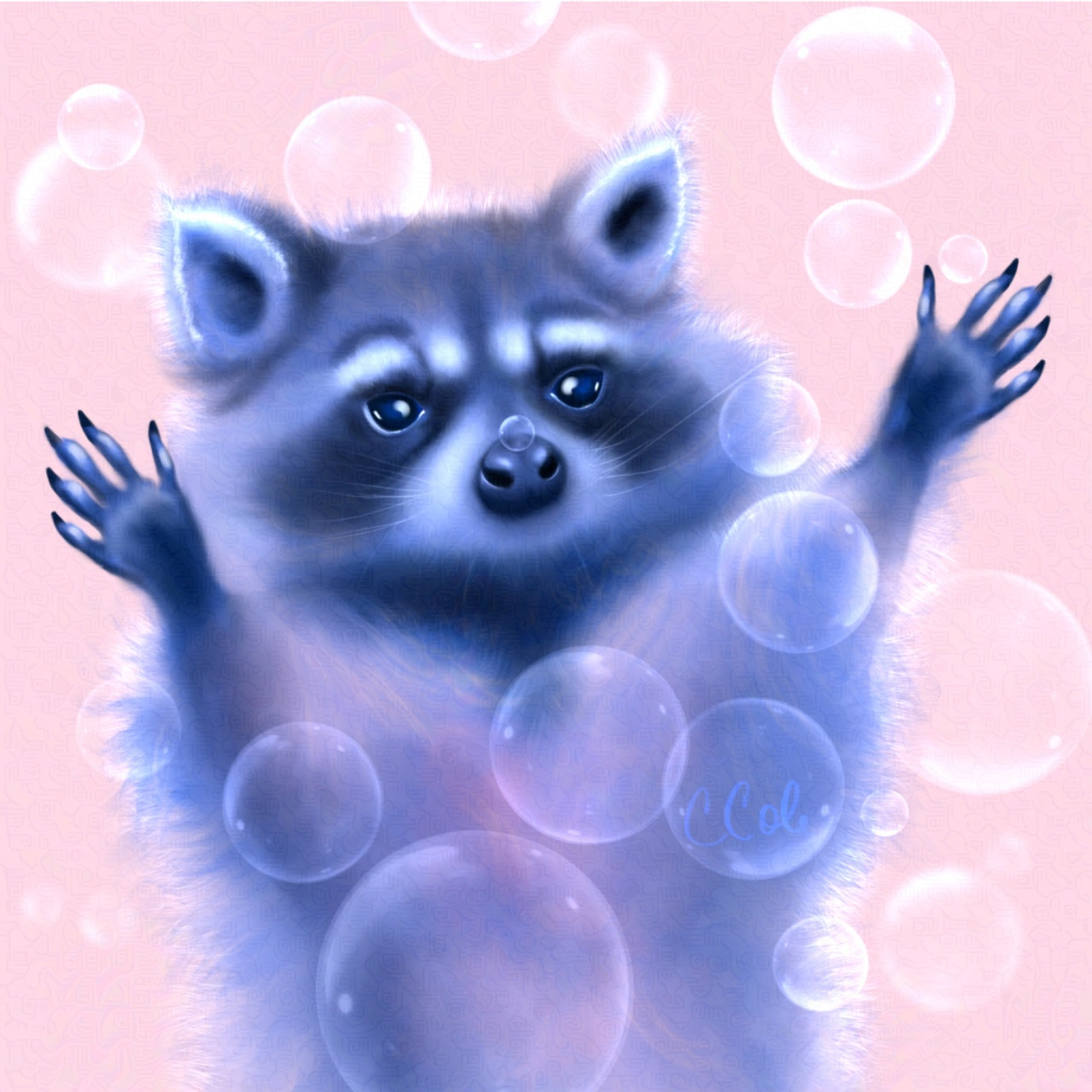 Blue raccoon catching bubbles