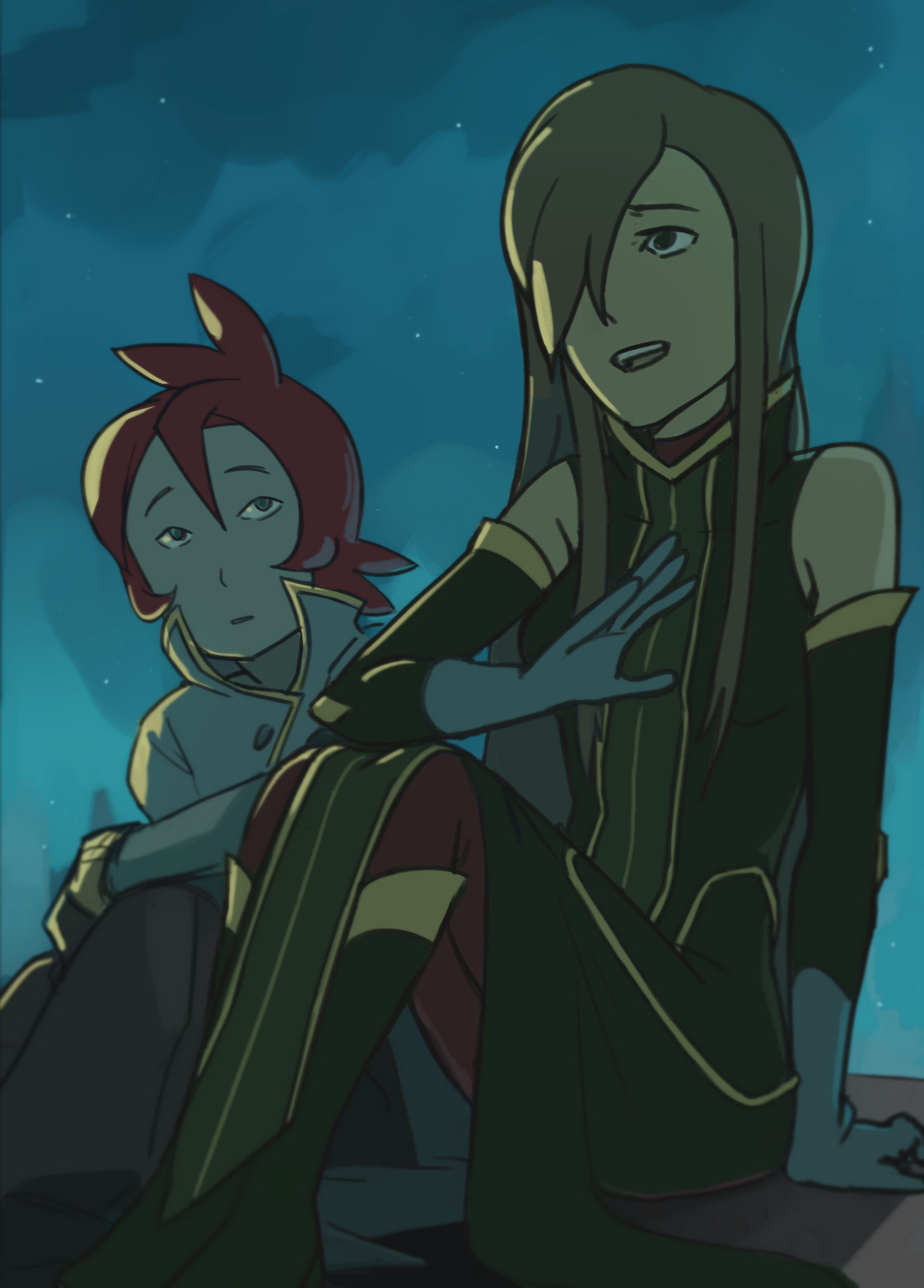 An illustration of Luke Fon Fabre and Tear Grants from Tales of the Abyss. They’re sitting on the Albiore talking at night.