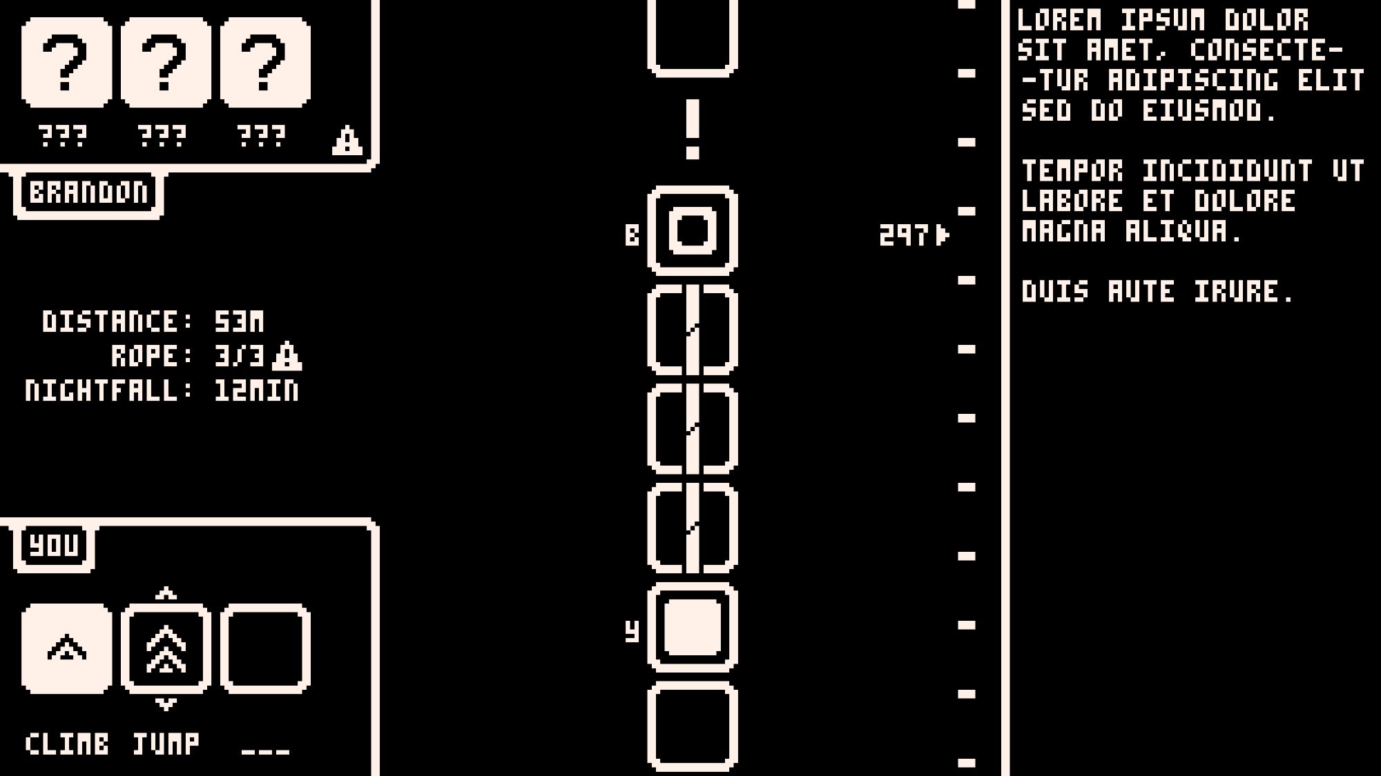 A simple 1-bit game interface mockup featuring two climbers scaling a mountain