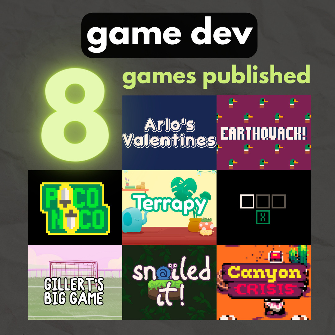 A picture showing 8 thumbnails of different games made by Fletch. Arlo's Valentines, Earthquack, Pico Nico, Terrapy, XTRIS, Gillert's Big Game, Snailed It, Canyon Crisis.