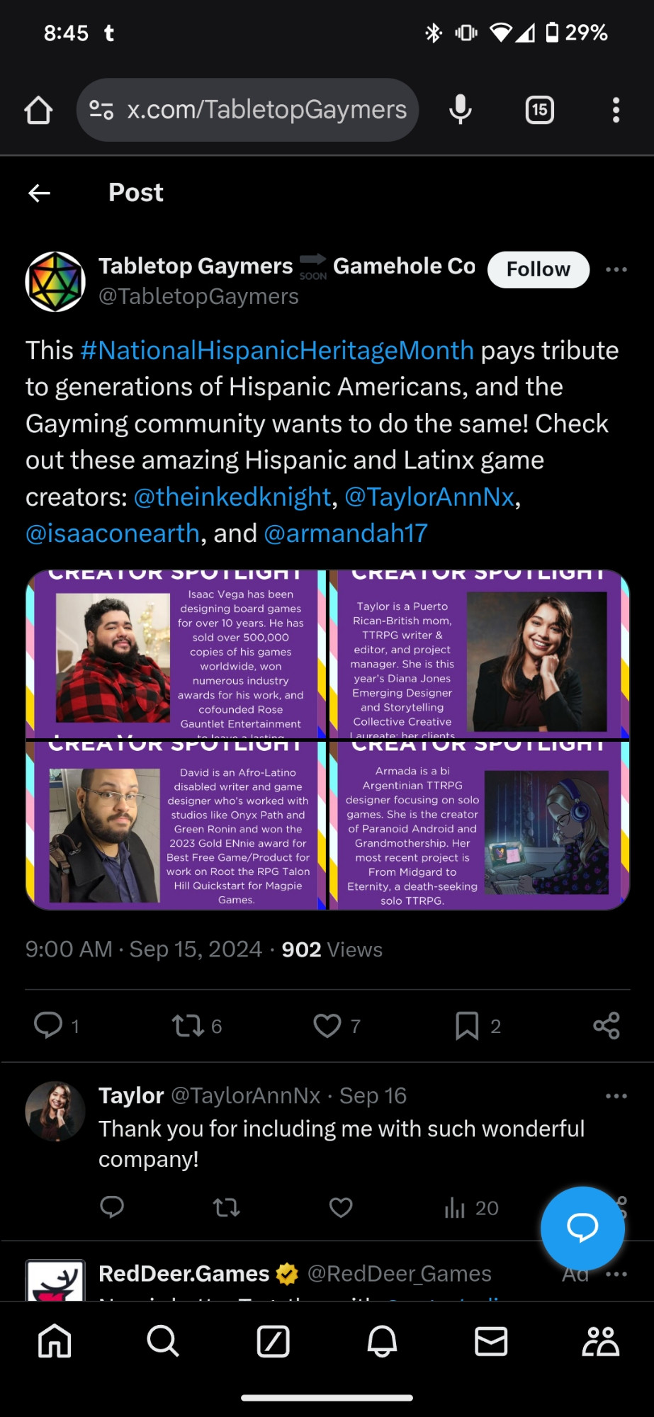 A screenshot of Twitter, a post from tabletop gaymers for national Hispanic heritage month promoting myself and three others.