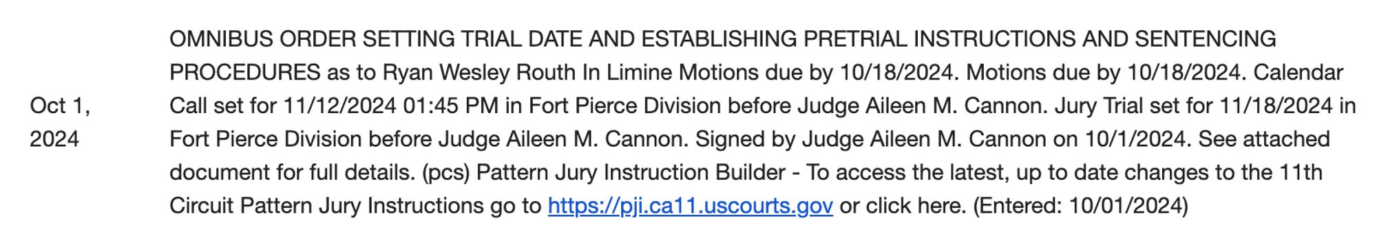 A minute order from the Ryan Routh docket setting a November 18 trial date.