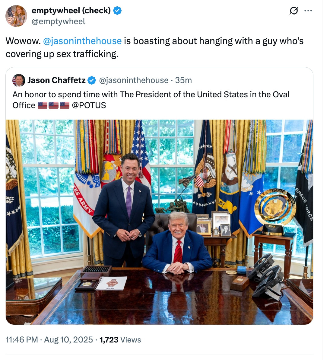 My RT of a post showking Jason Chaffetz posting with Trump. I've added, Wowow. @jasoninthehouse is boasting about hanging with a guy who's covering up sex trafficking.