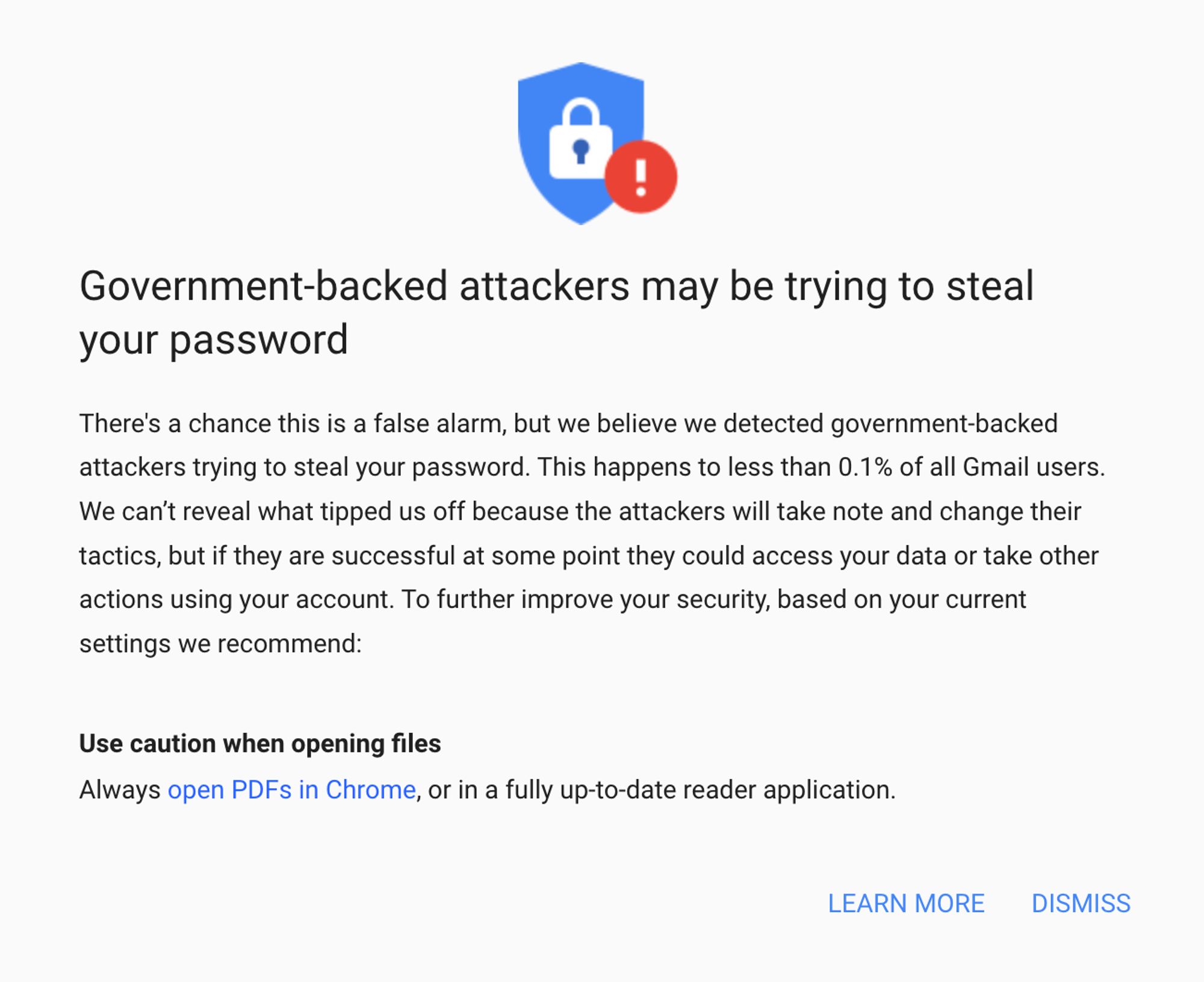 A screencap of a Google notice that Government-backed attackers may be trying to steal your password.