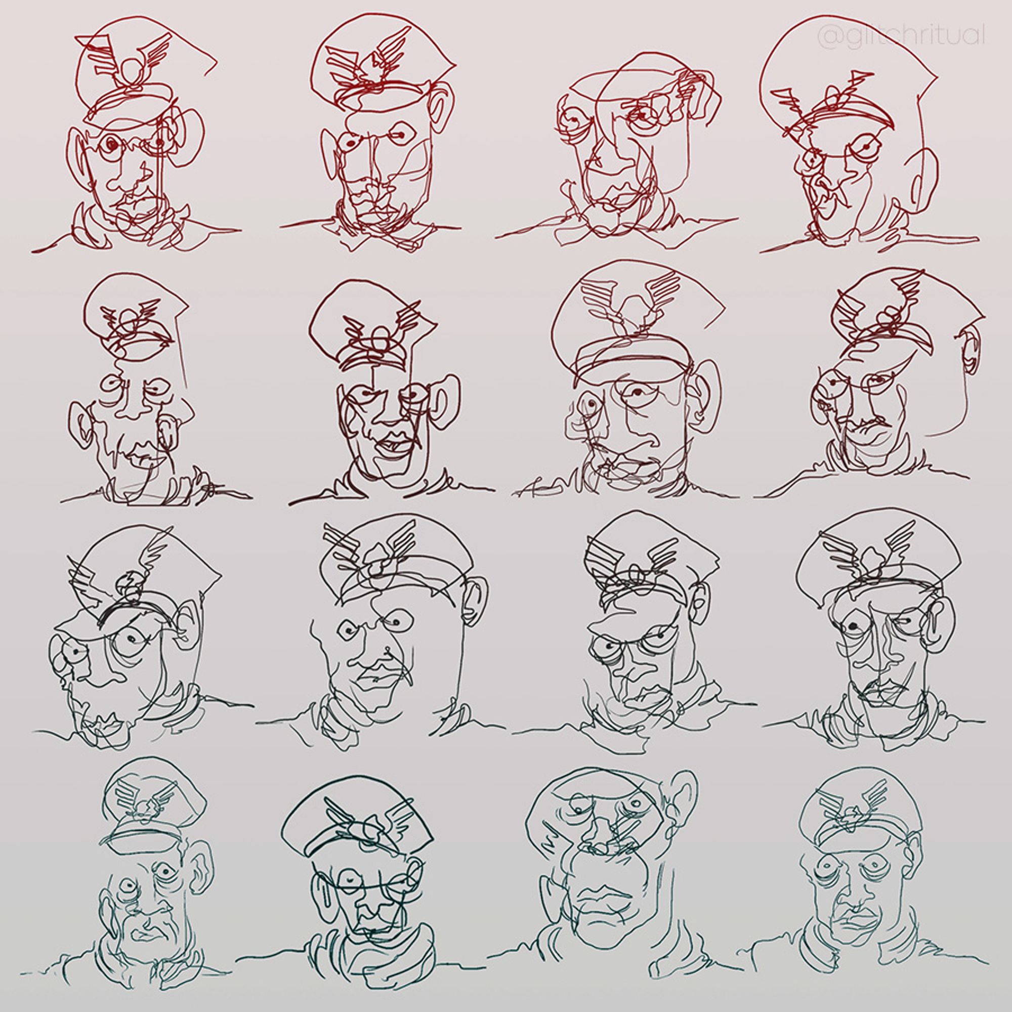 Sixteen blind contour drawings of Raul Julia as M. Bison. Perfect, beautiful and fine; exquisite.