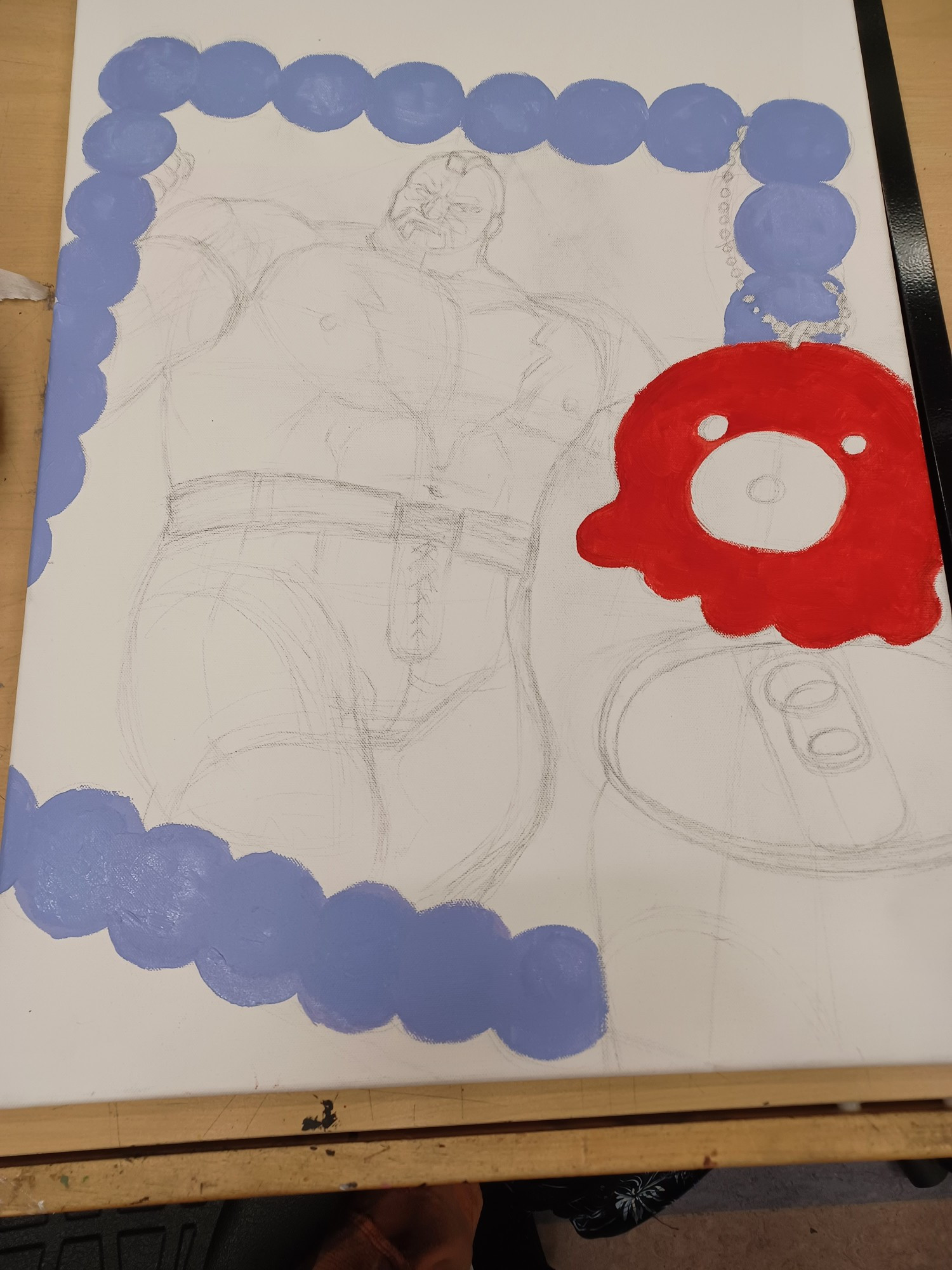 Still-life painting of Zangief from street fighter within a frame to the left. 