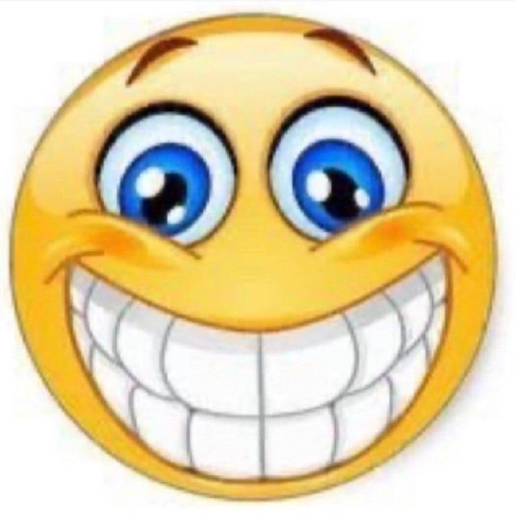 emoji amarelo de olhos azuis dando um grande sorriso mostrando os dentes