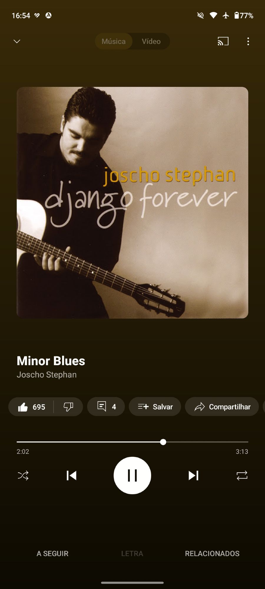 Print screen do YouTube music player tocando a música Minor Blues performado por Joscho Stephan