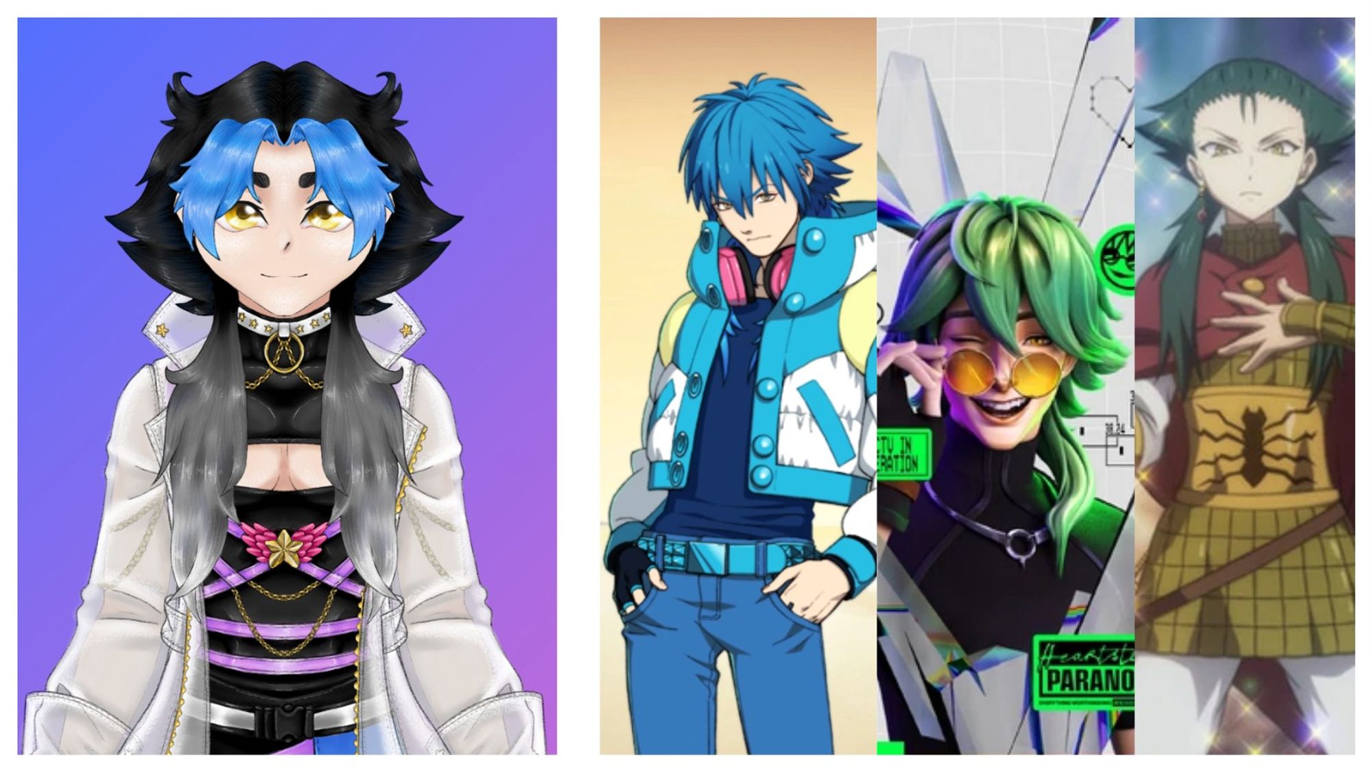 A picture shoving my Vtuber Model on the left and comparing it to three characters with the same hairstyles on the right. The characters are (from left to right) Aoba Segaraki from Dramatical Murder, HEARTSTEEL Ezreal from League of Legends, and Drakon from Magi: Adventure of Sinbad!