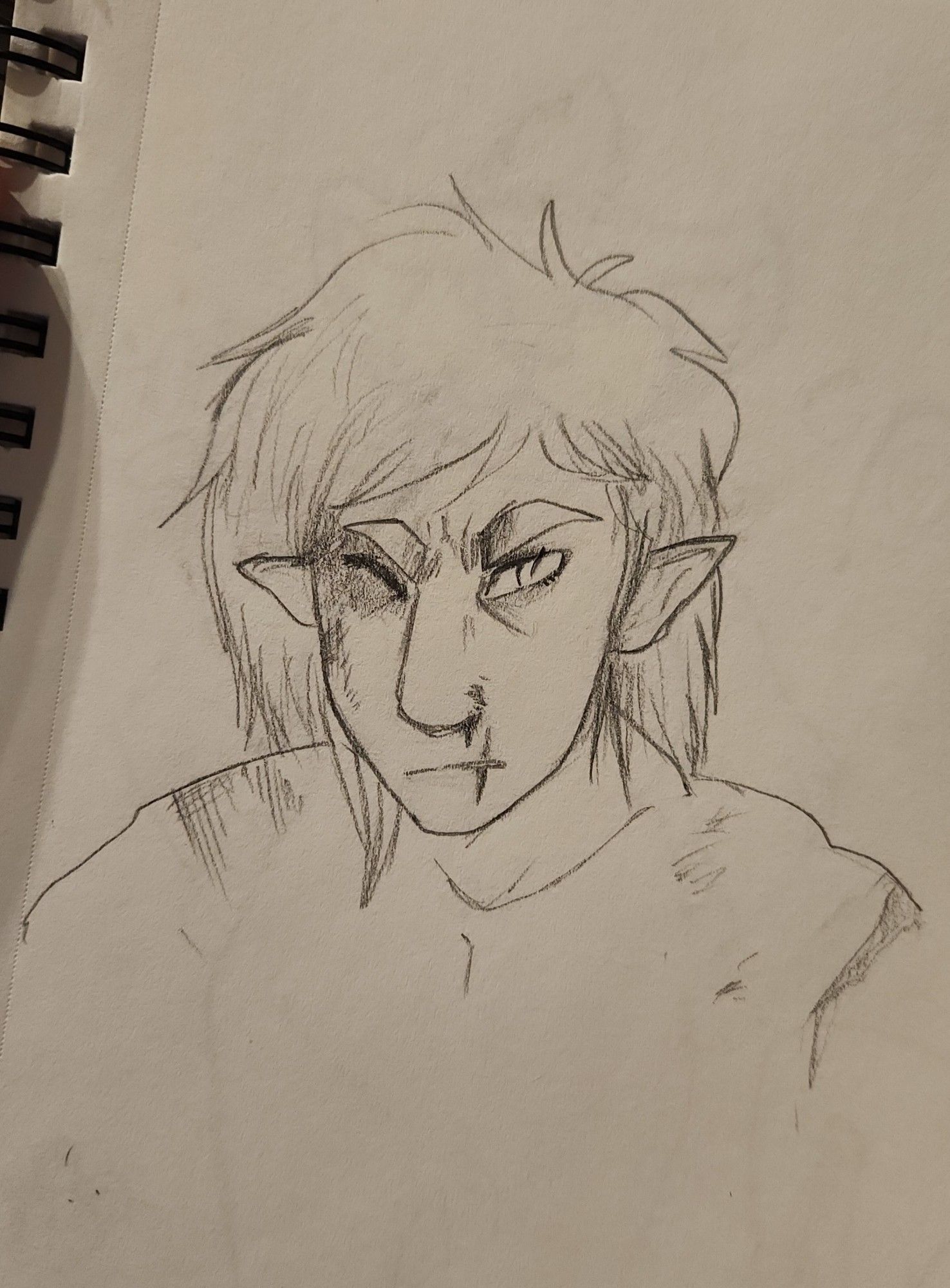 A pencil sketch on a tan background of Rowan, an androgynous half-elf rogue, who appears to have suffered several cuts and bruises