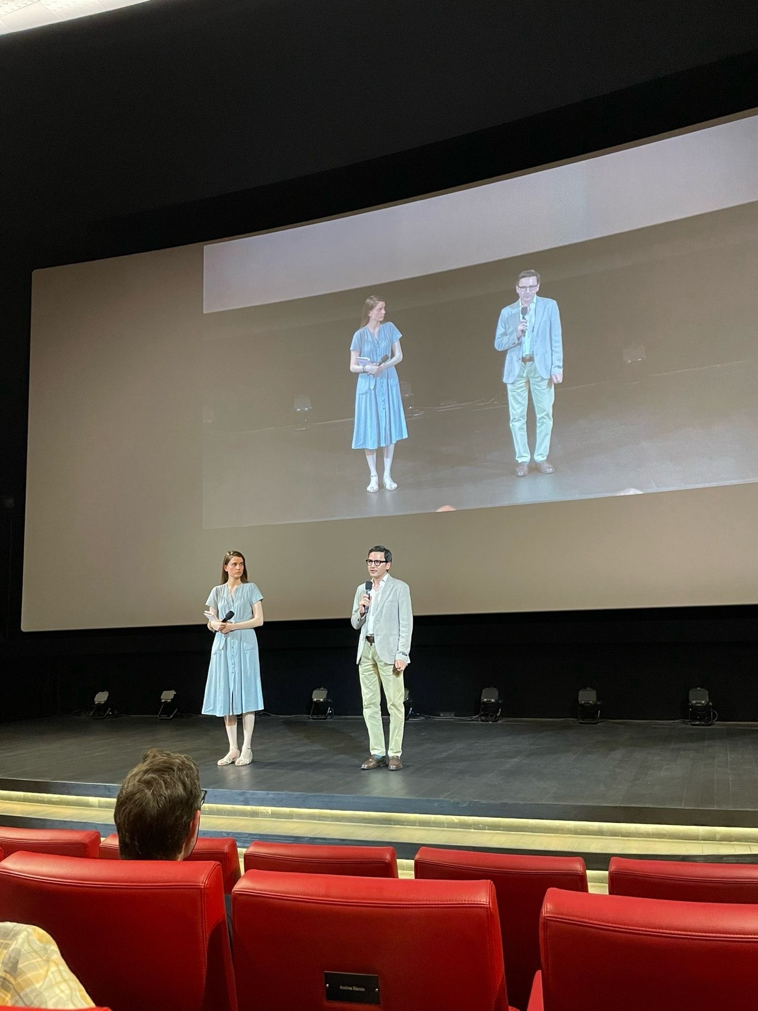 Ehsan (right) and me (left) on the stage in front of the screen of the GranRex cinema in Locarno before MY SISTER EILEEN (1942)