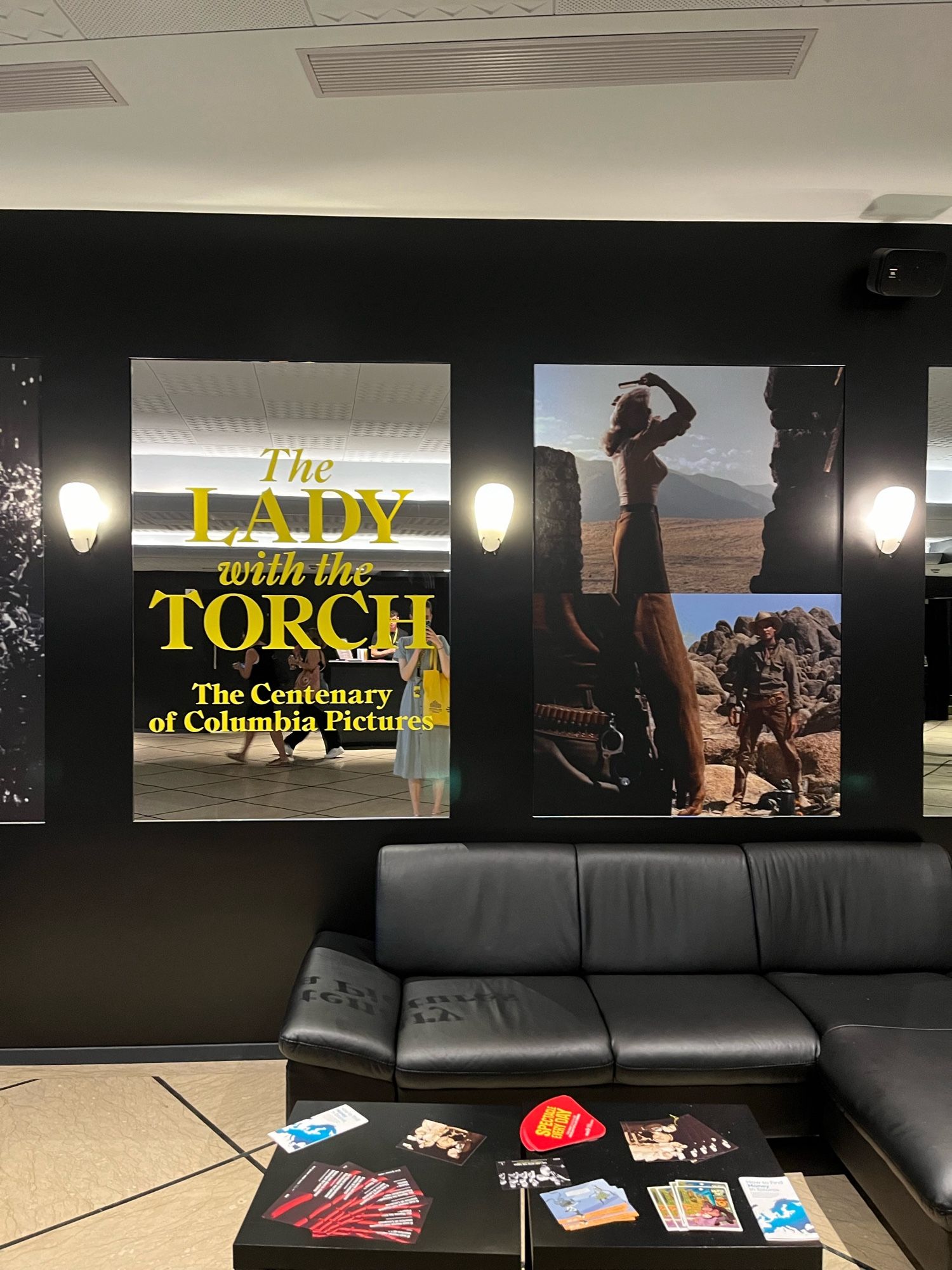 The lobby of the GranRex cinema in Locarno, with stills from some Columbia films and a sticker of the retrospective’s name on the wall