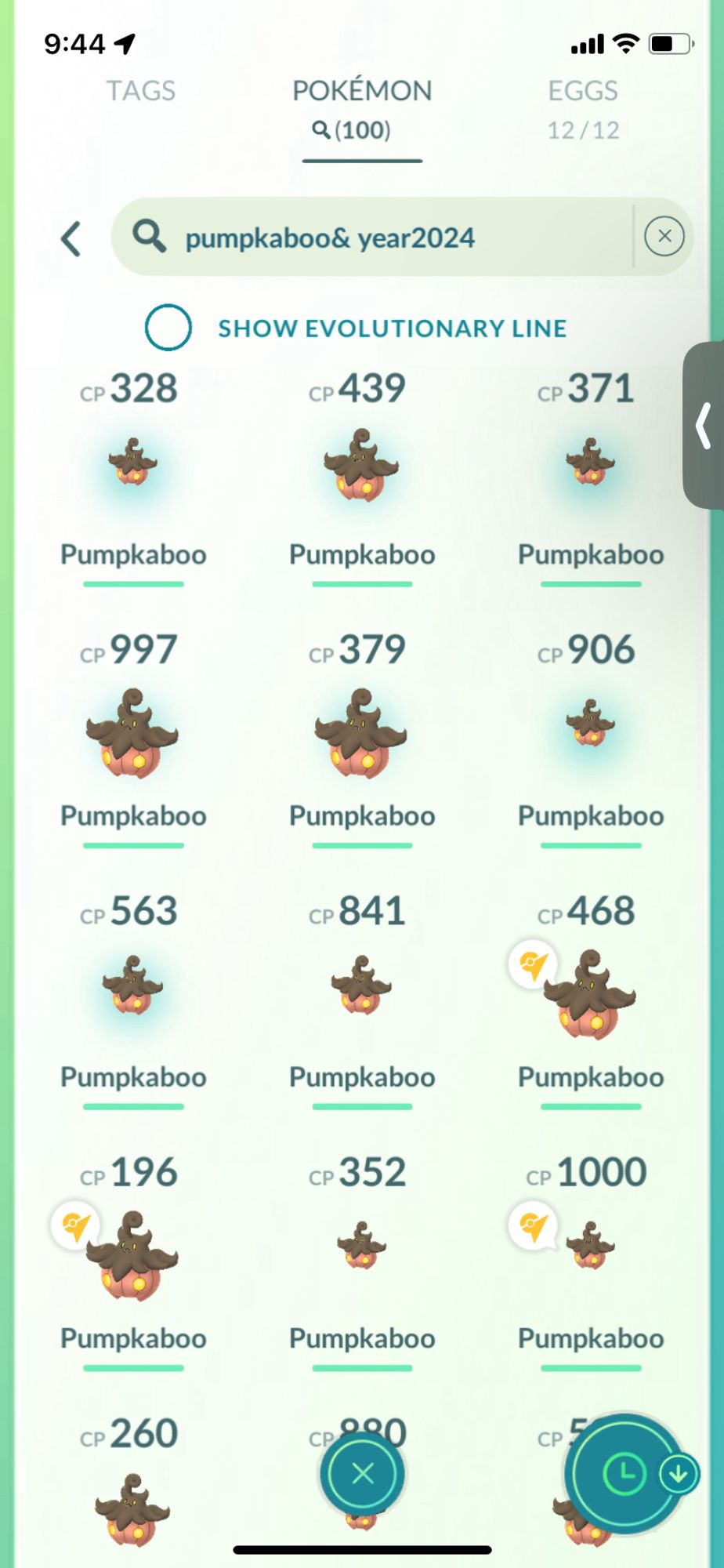 A full screenshot of pokemon go, showing a search string that is showing all the pumpkaboo I have caught this year. There are 100 so far. Three from this screenshot are in gyms.