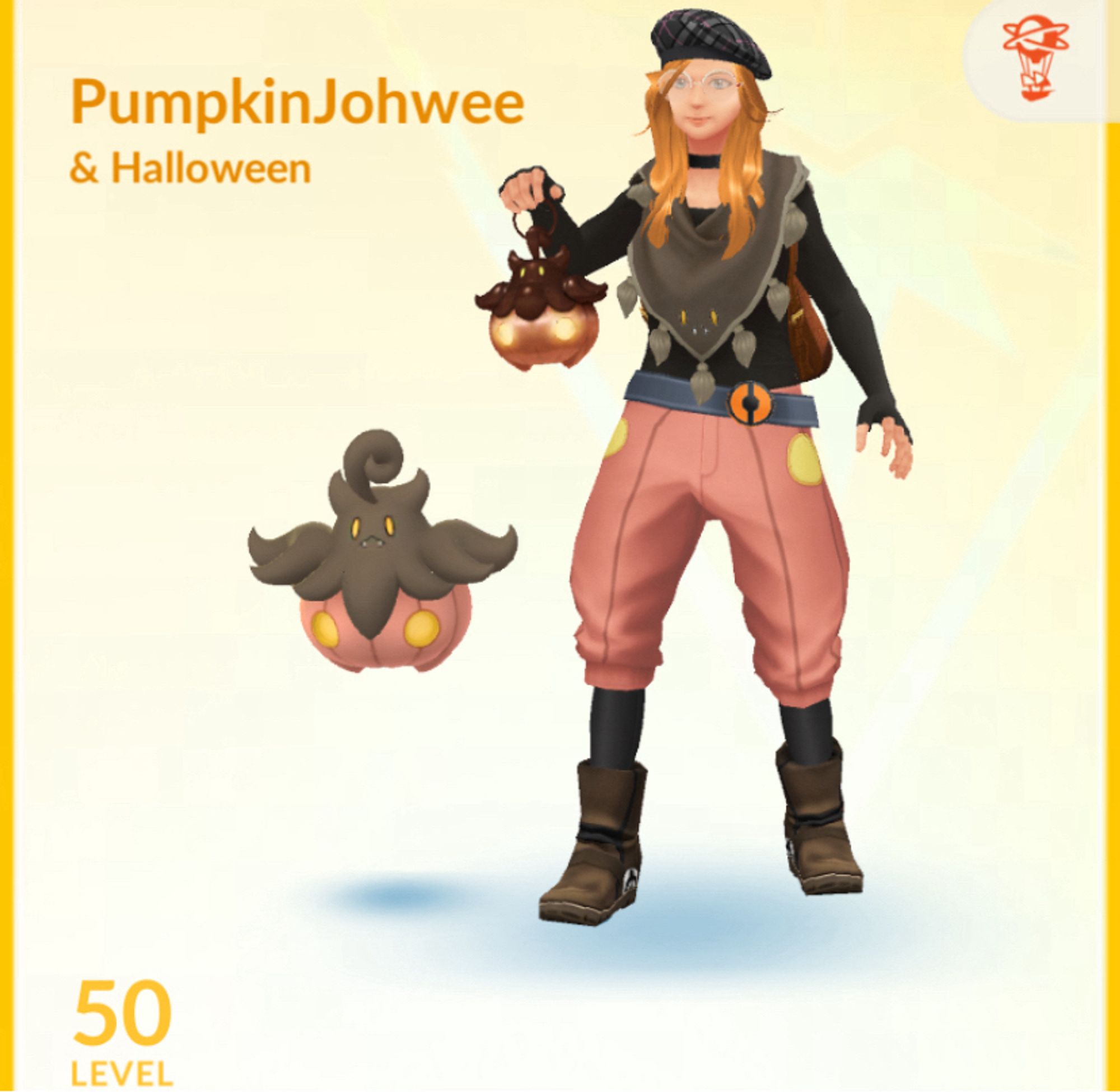 Cropped screenshot from pokemon go, showing my trainer character dressed in the pumpkaboo outfit, in the pumpkaboo lantern pose, with a small pumpkaboo named Halloween as my buddy.