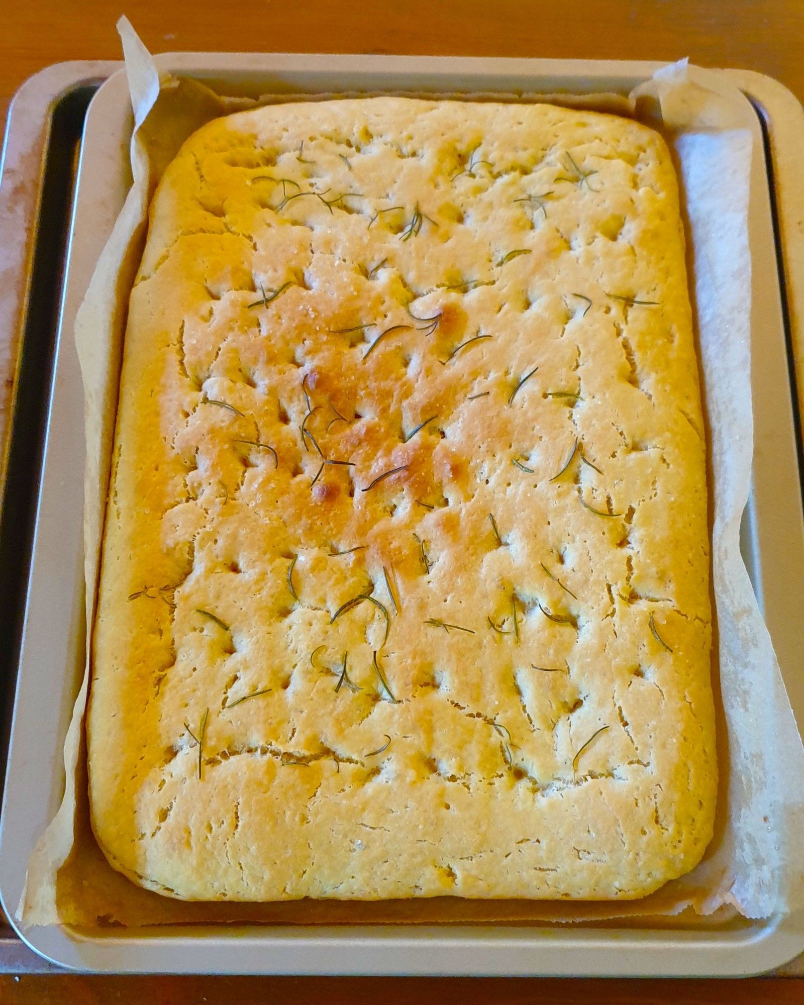 Homemade focaccia, freshly baked from the oven.