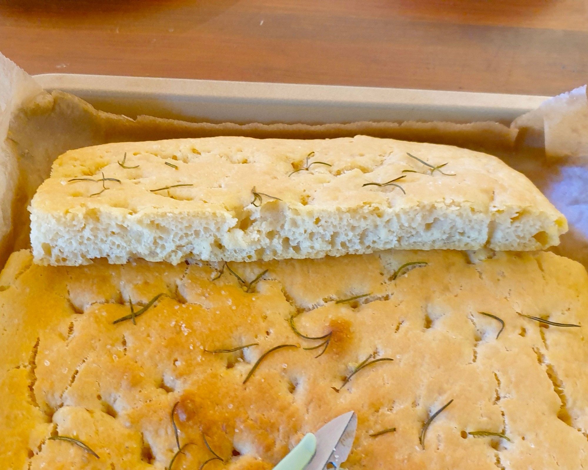 A cross-section of our homemade focaccia, showing its fluffiness