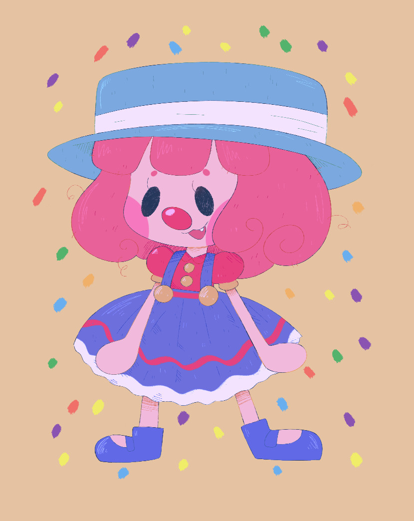 Art of my animal crossing villager dressed in a cute clown outfit. She has a bright blue boater hat with super curly pink hair. Her blouse is red with puffy sleeves and yellow buttons, and the skirt is dark blue with white trim and a red stripe going through it. It is suspended with huge yellow buttons. There is rainbow colored confetti all around her.