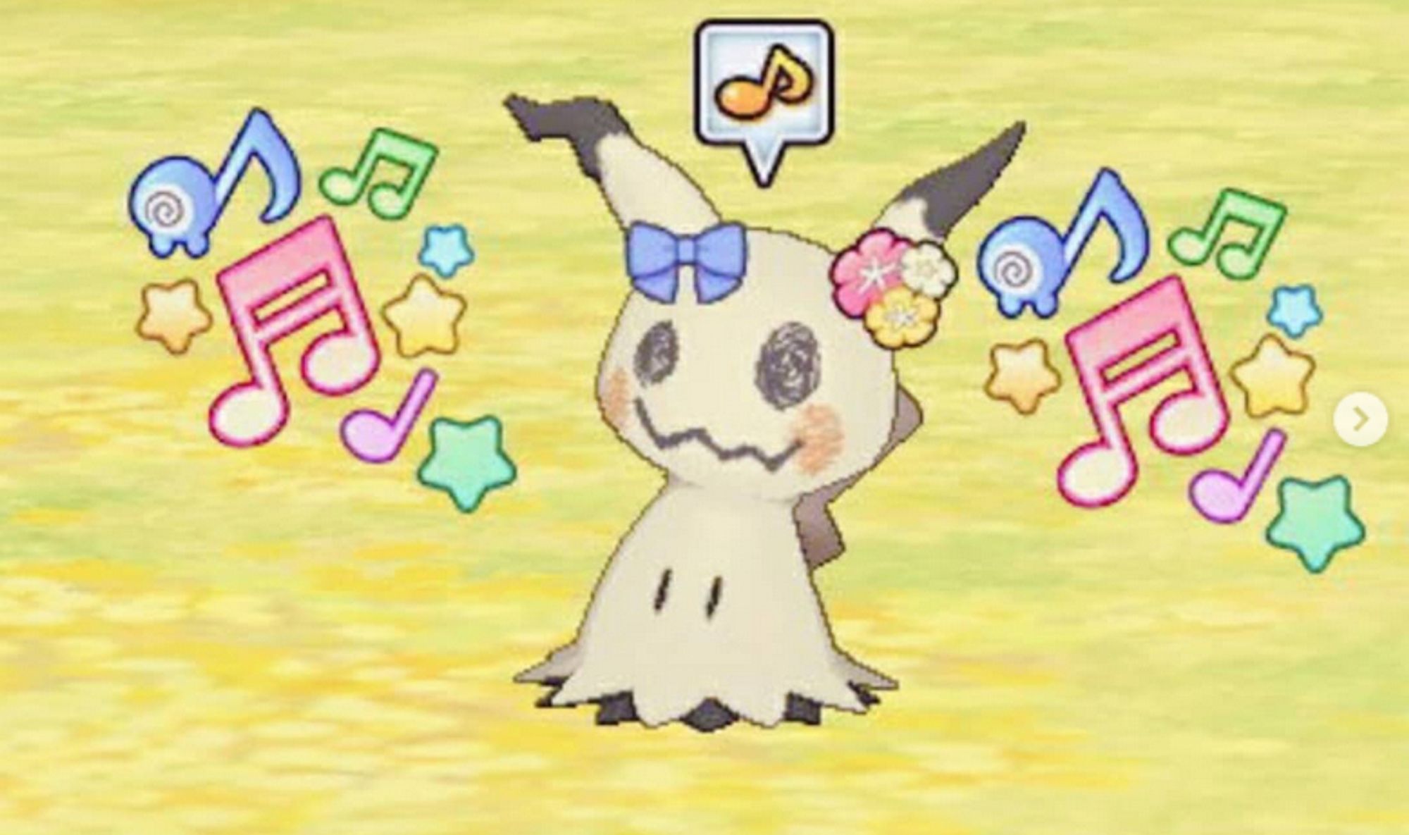 Screenshot of Mimikyu from Pokemon all decked out in flowers and bows. She's surrounded by music notes and there's a music note speech bubble over her head.