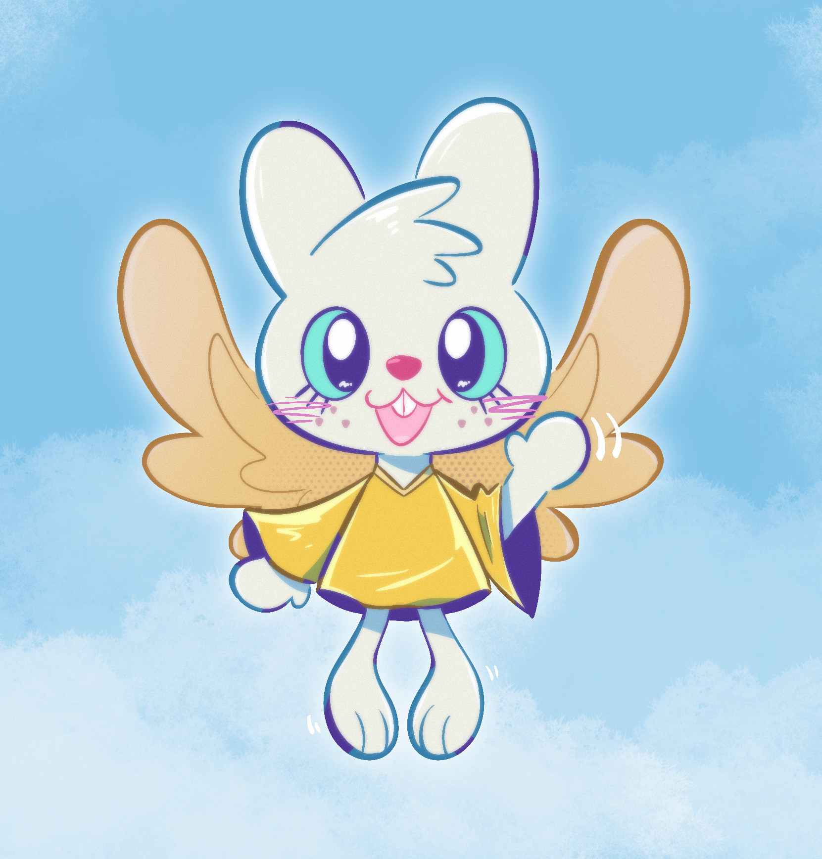 Art of Angel Gabby from Angel Hare, she's floating in the sky and waving hello to the viewer.